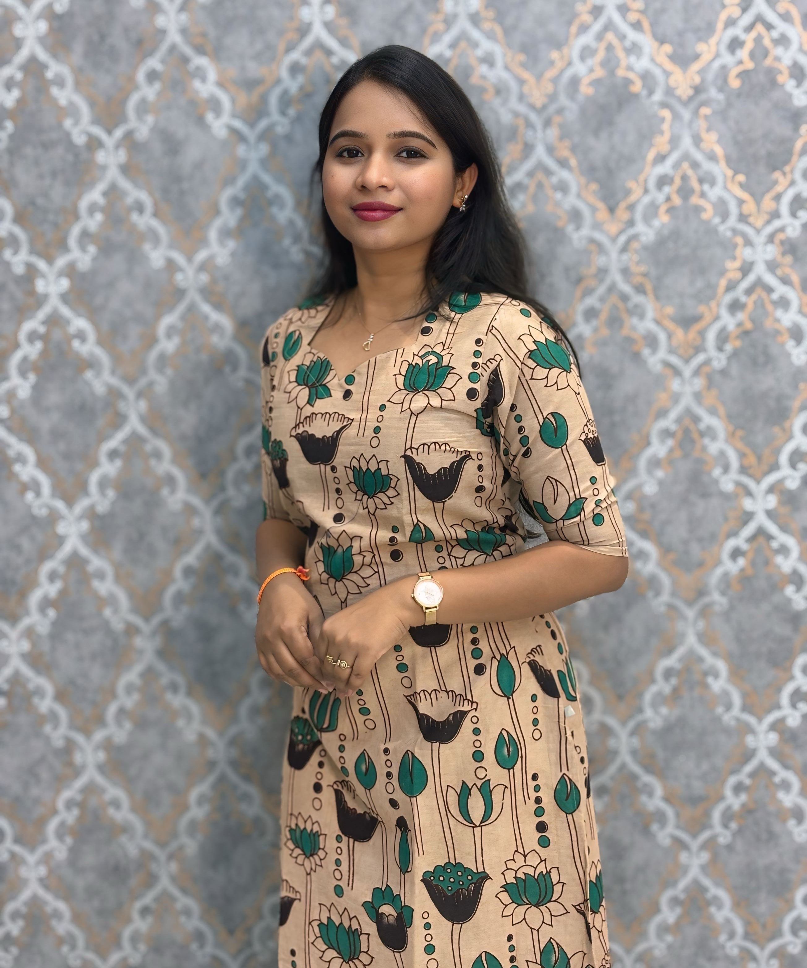 Beige and Green Color Premium Kalamkari Cotton Kurti / LSS223