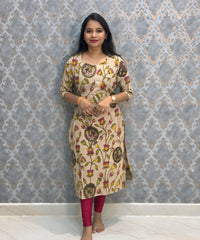 Beige, Pink and Yellow Color Premium Kalamkari Cotton Kurti / LSS223