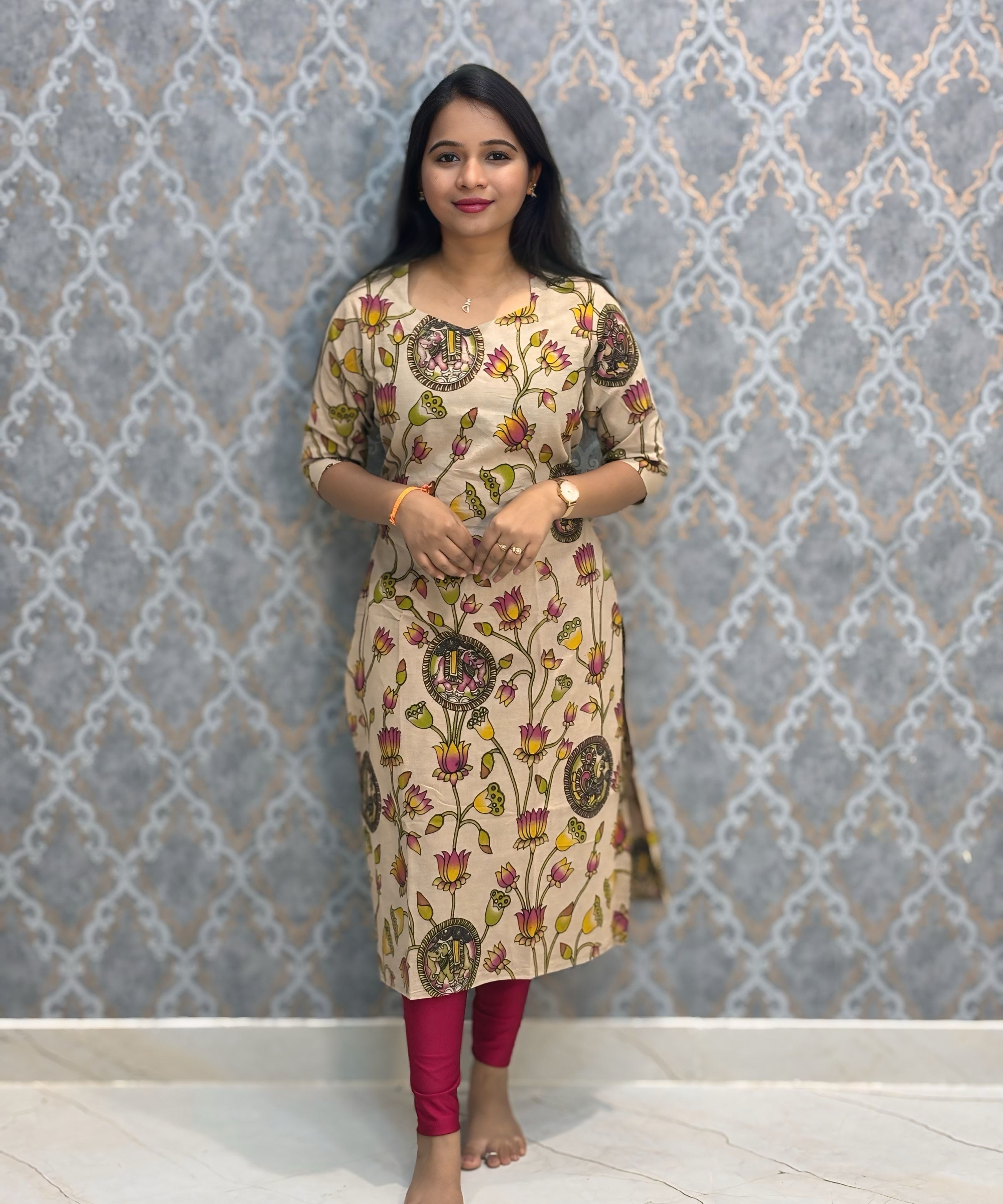 Beige, Pink and Yellow Color Premium Kalamkari Cotton Kurti / LSS223