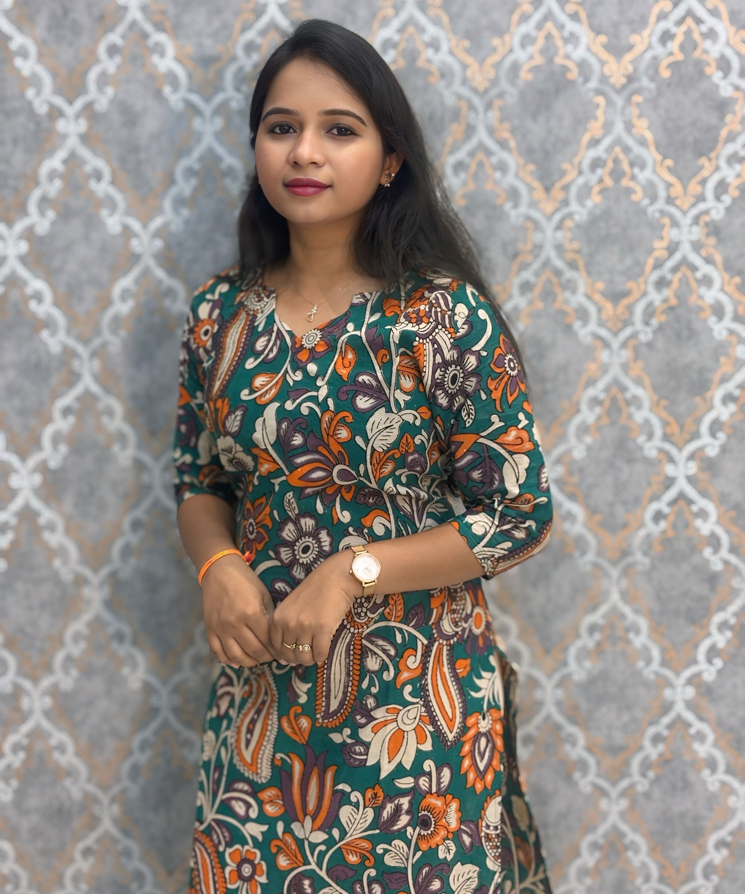 Rama Green and Beige Color Premium Kalamkari Cotton Kurti / RS002