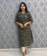 Dark Green Color Premium Kalamkari Cotton Kurti / RS002