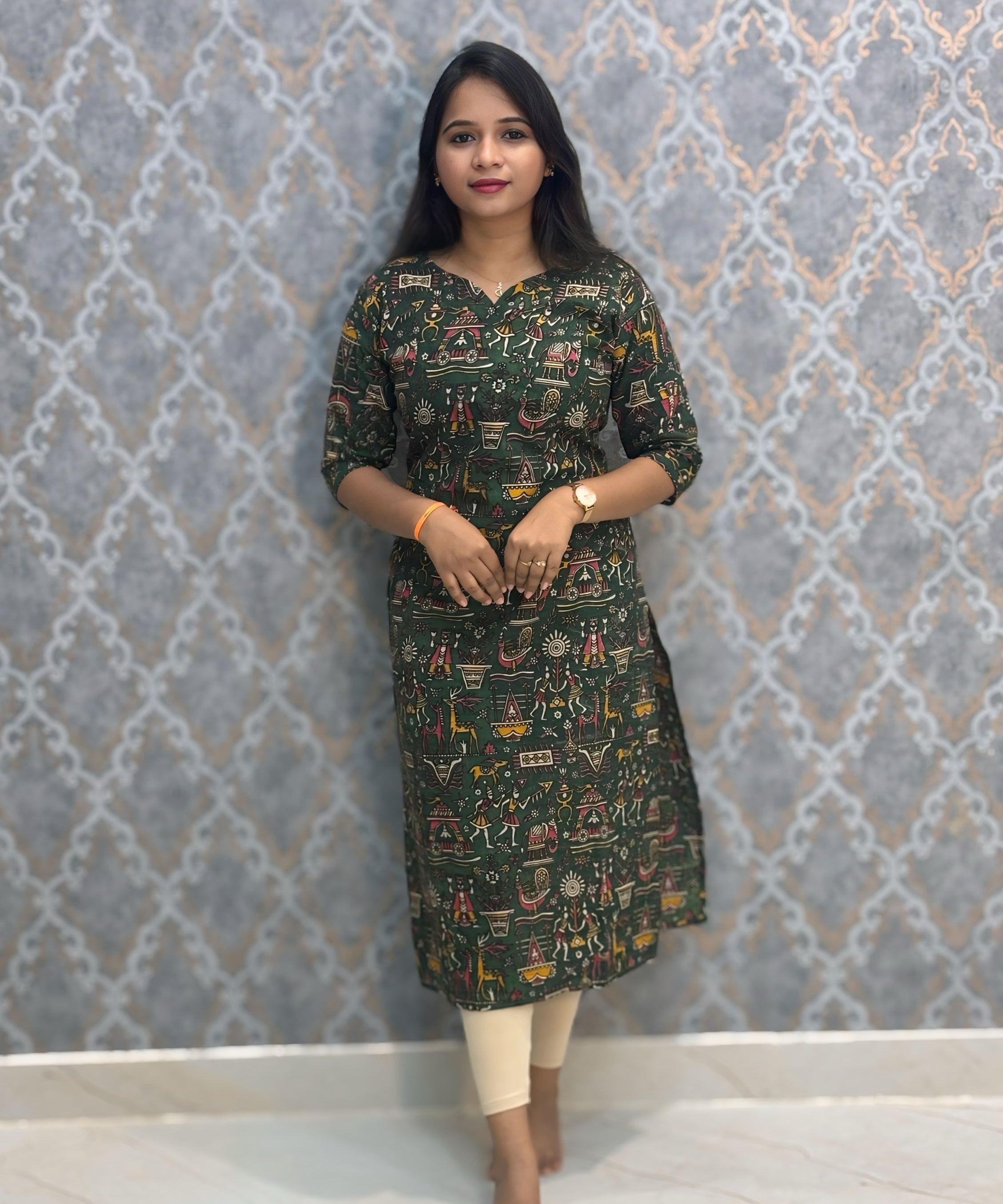 Dark Green Color Premium Kalamkari Cotton Kurti / RS002