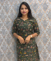 Dark Green Color Premium Kalamkari Cotton Kurti / RS002