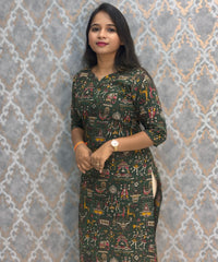 Dark Green Color Premium Kalamkari Cotton Kurti / RS002