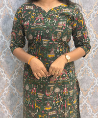 Dark Green Color Premium Kalamkari Cotton Kurti / RS002