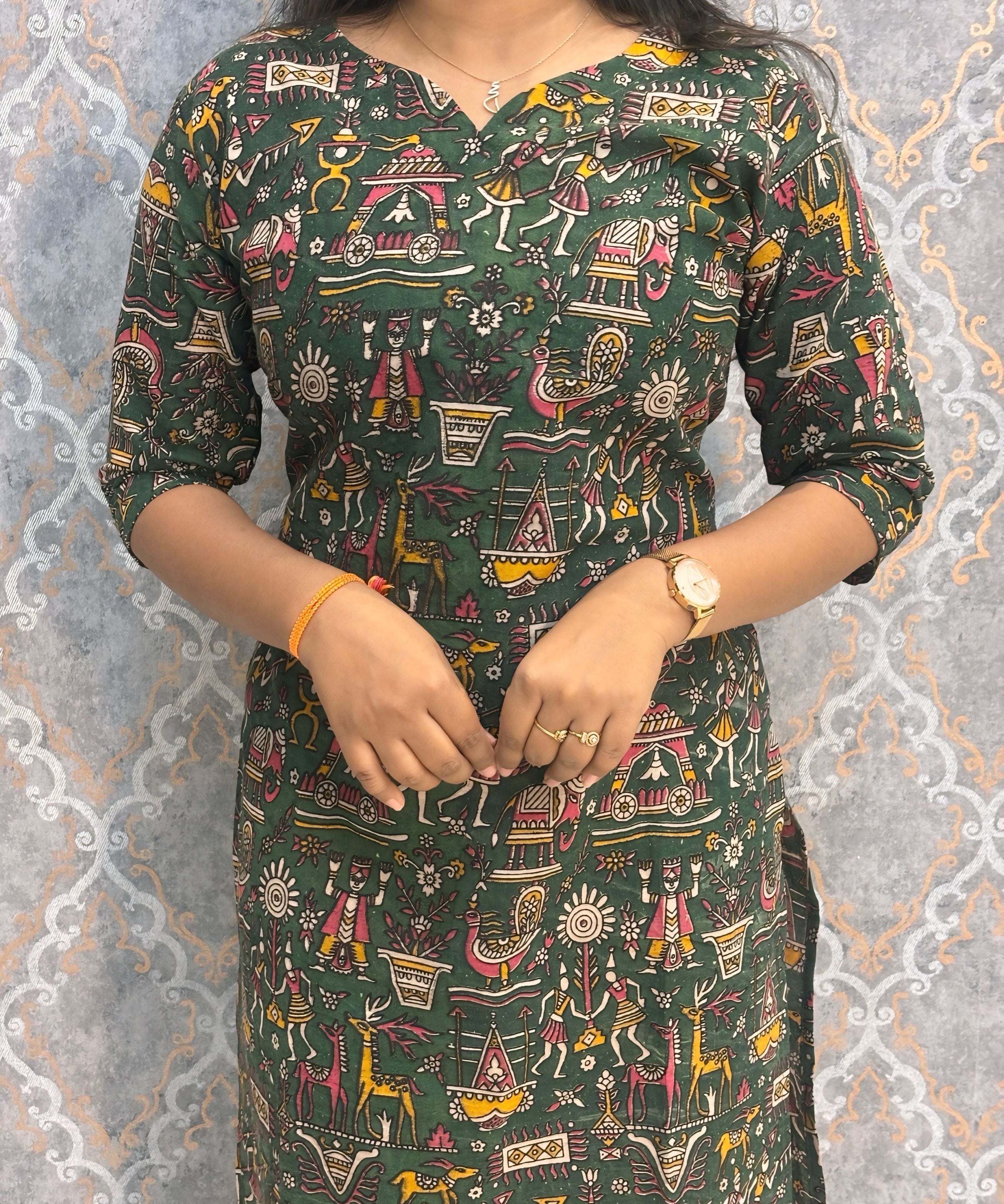 Dark Green Color Premium Kalamkari Cotton Kurti / RS002