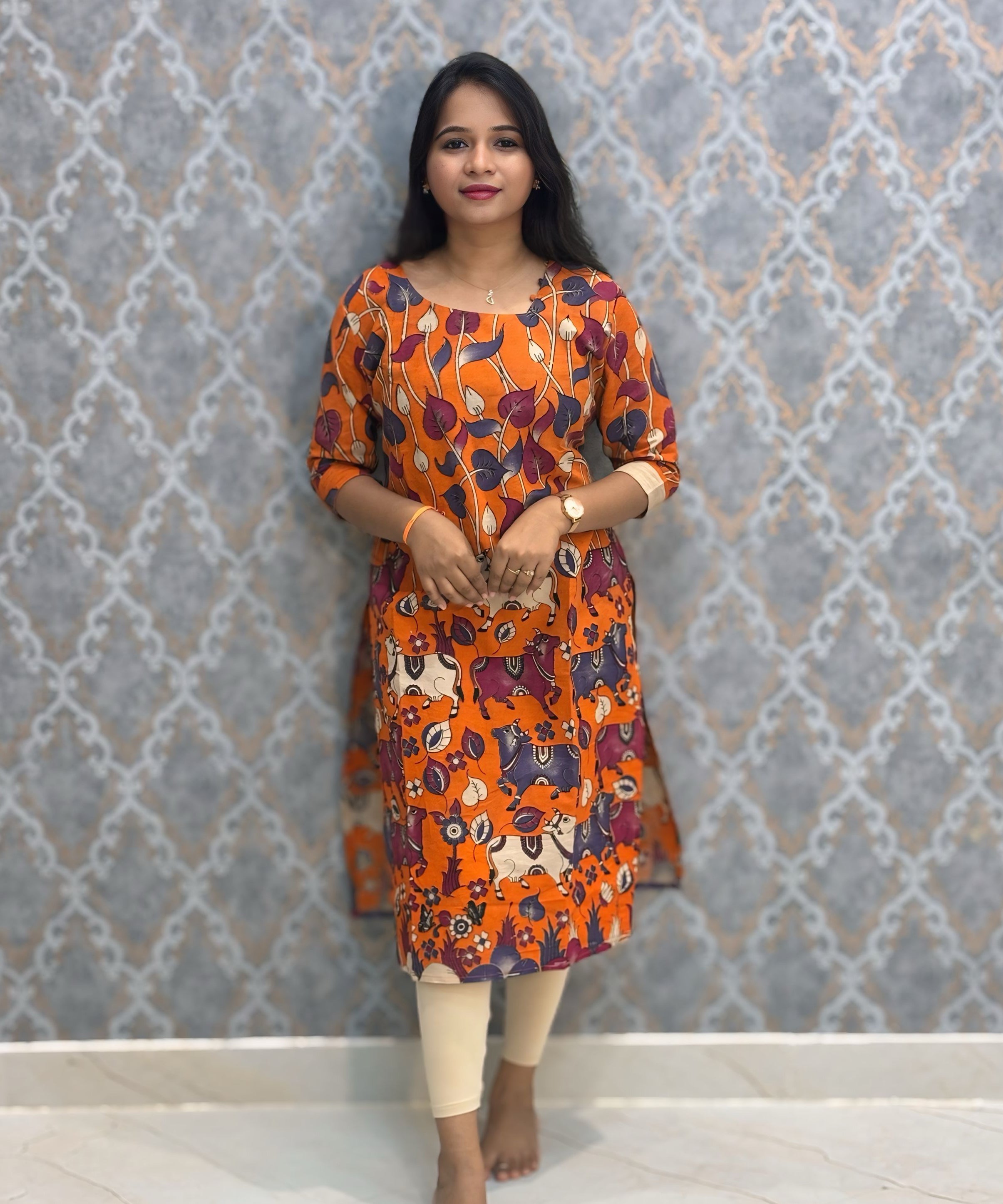 Orange Color Premium Kalamkari Cotton Kurti / RS002