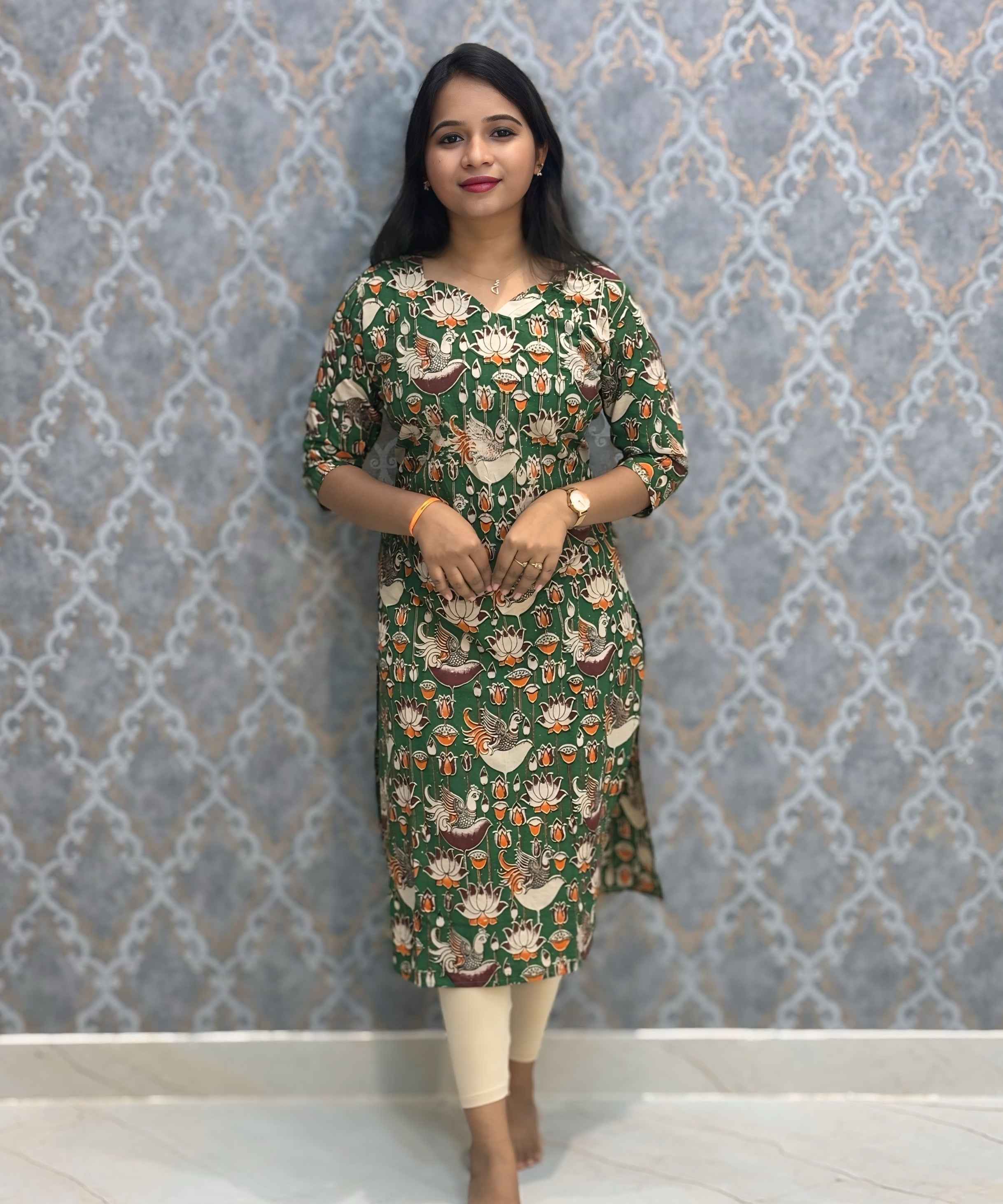 Green and Beige Color Premium Kalamkari Cotton Kurti / RS002