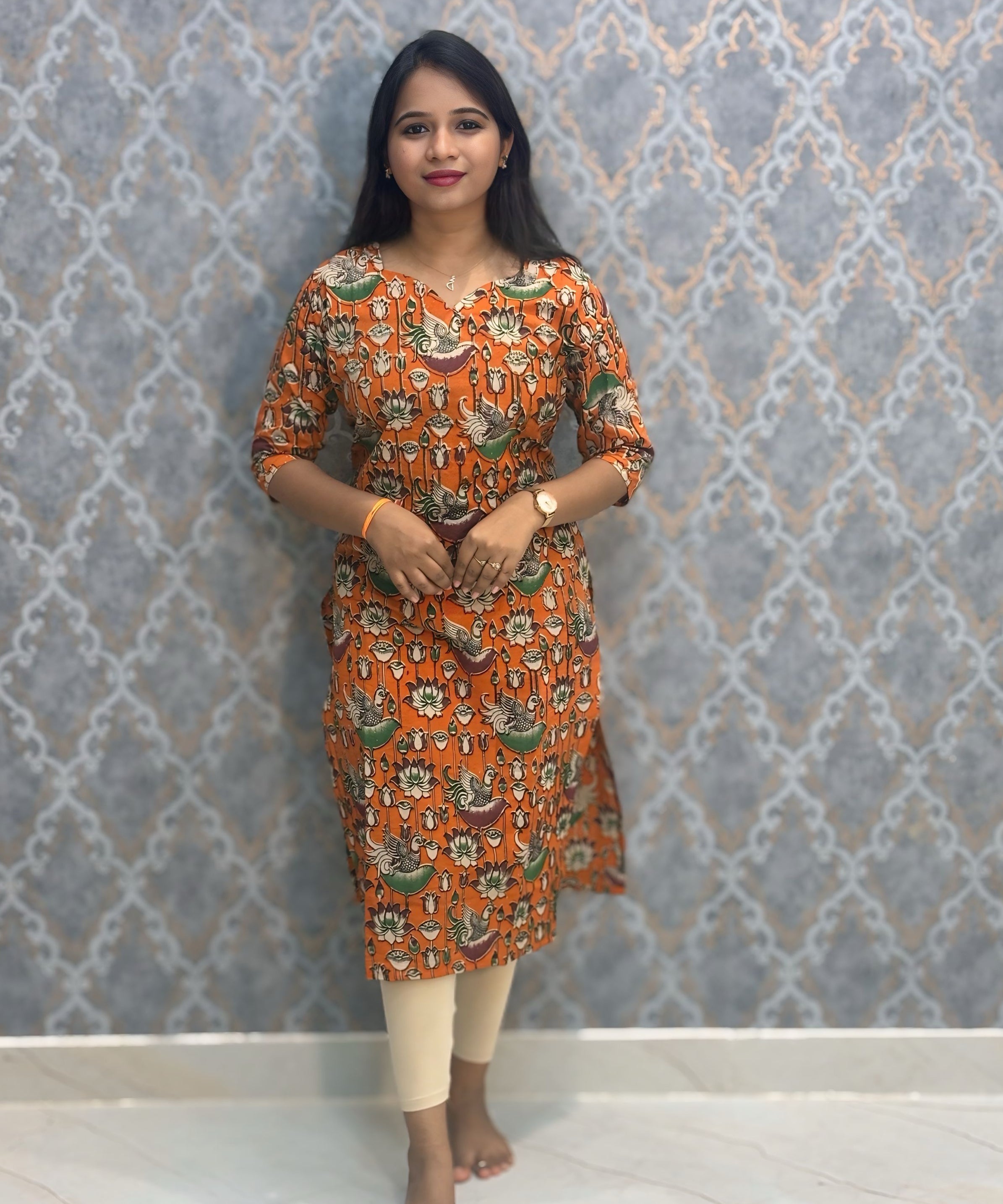 Orange and Beige Color Premium Kalamkari Cotton Kurti / RS002