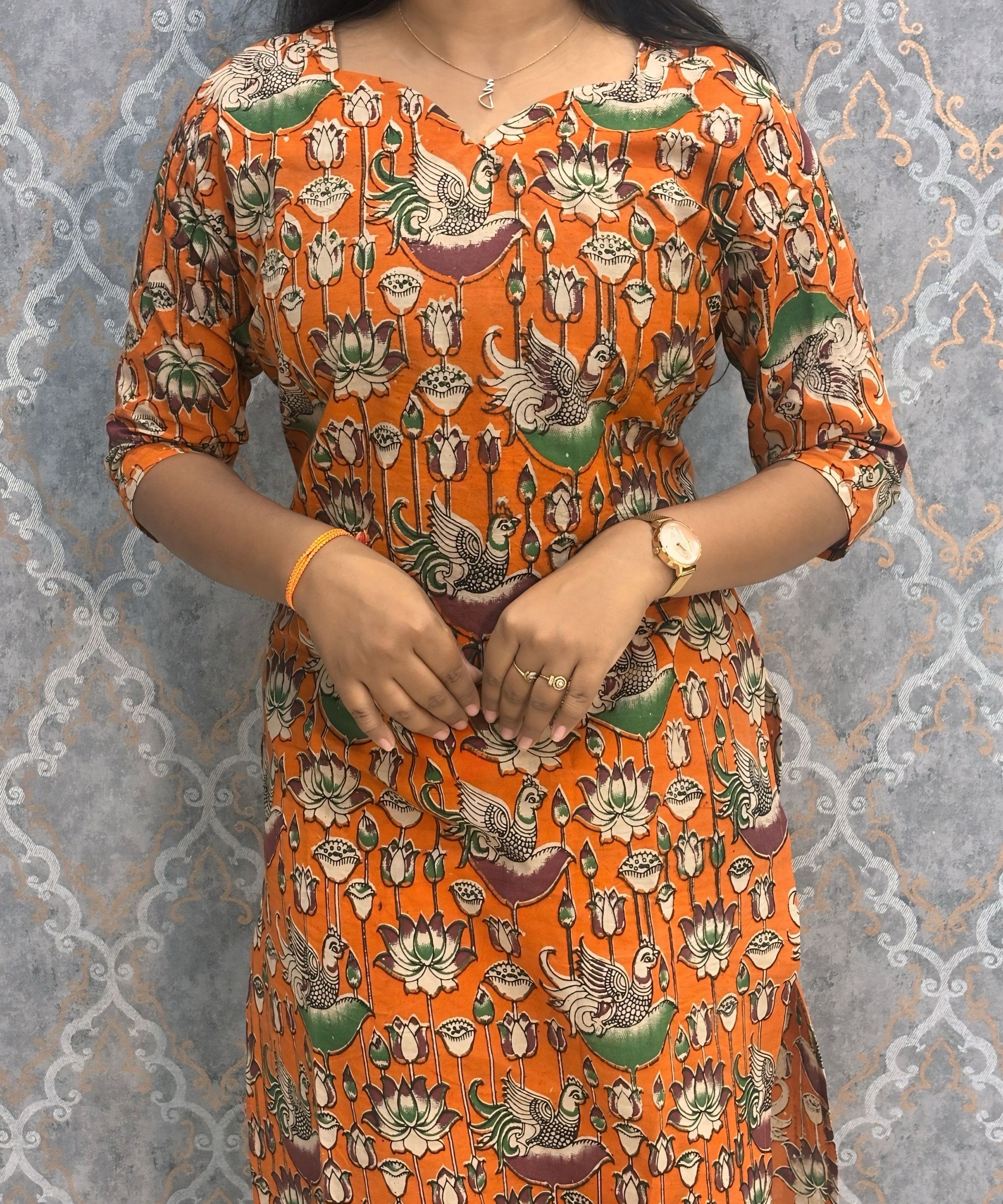 Orange and Beige Color Premium Kalamkari Cotton Kurti / RS002