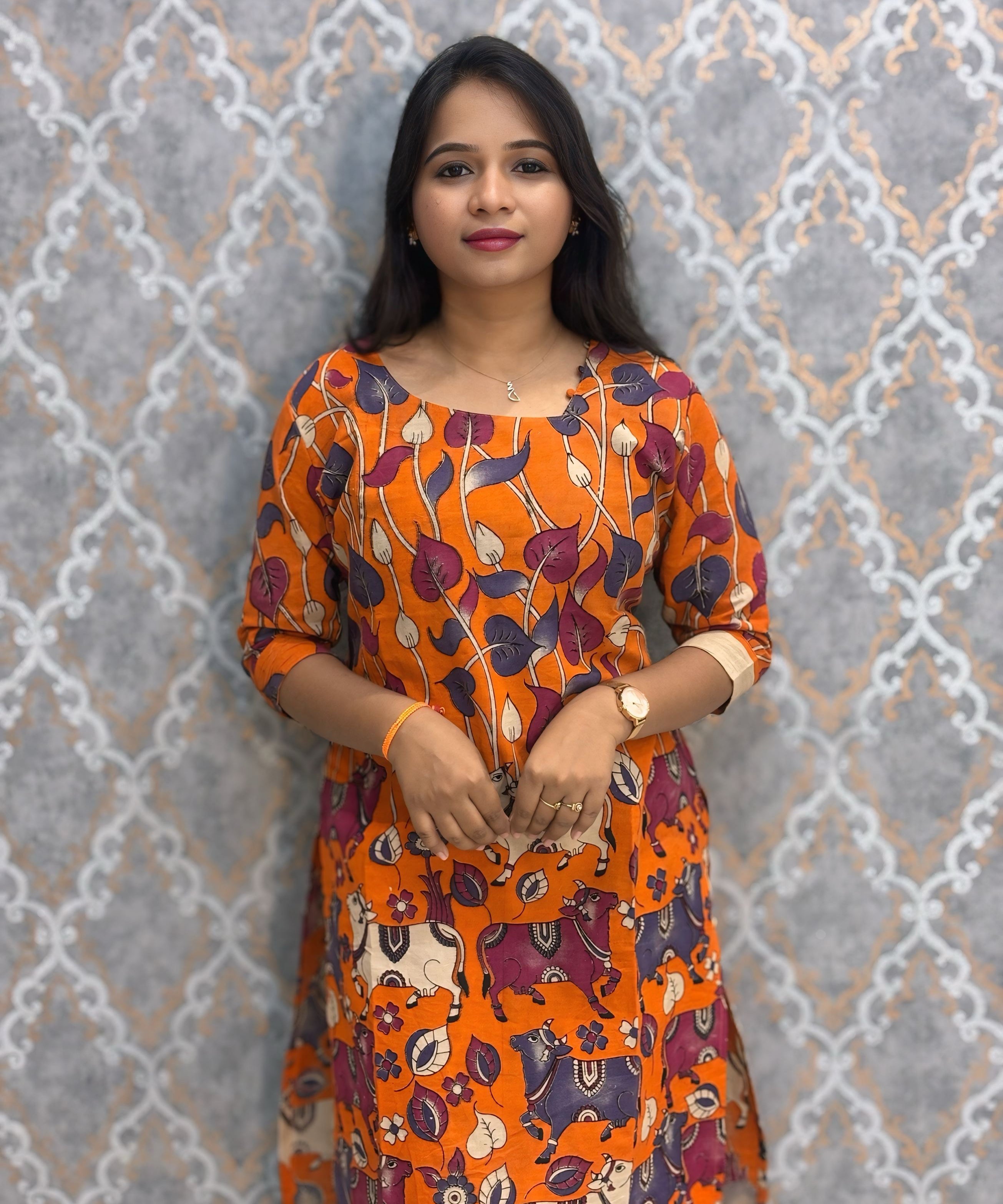 Orange Color Premium Kalamkari Cotton Kurti / RS002