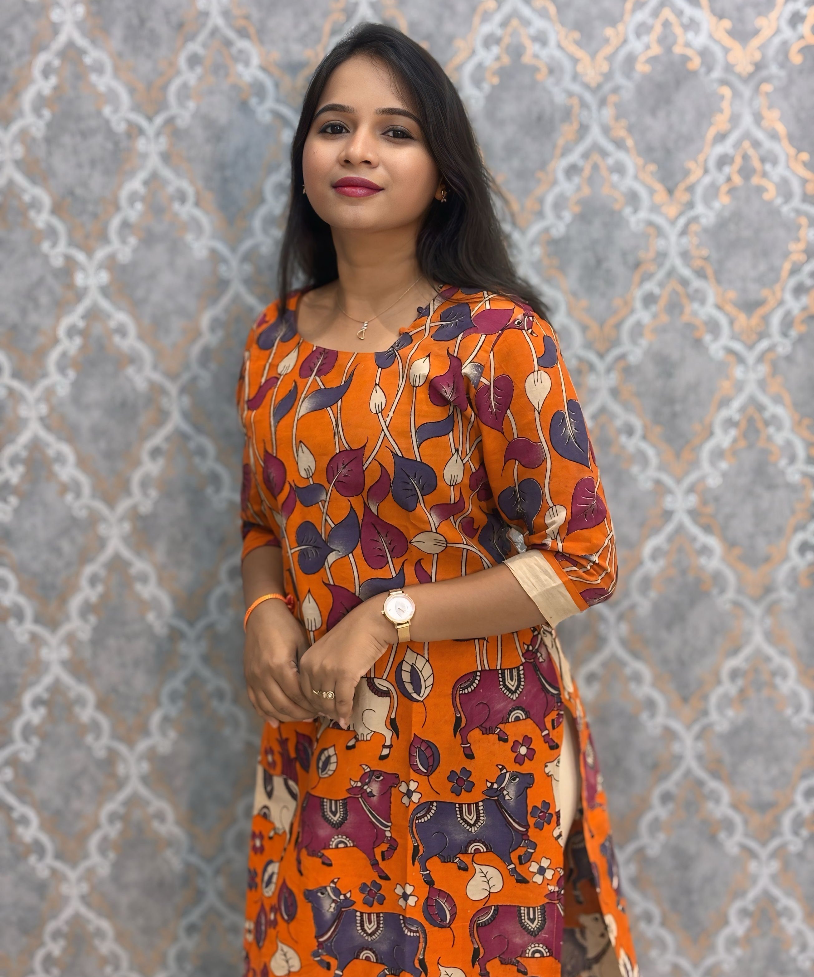 Orange Color Premium Kalamkari Cotton Kurti / RS002