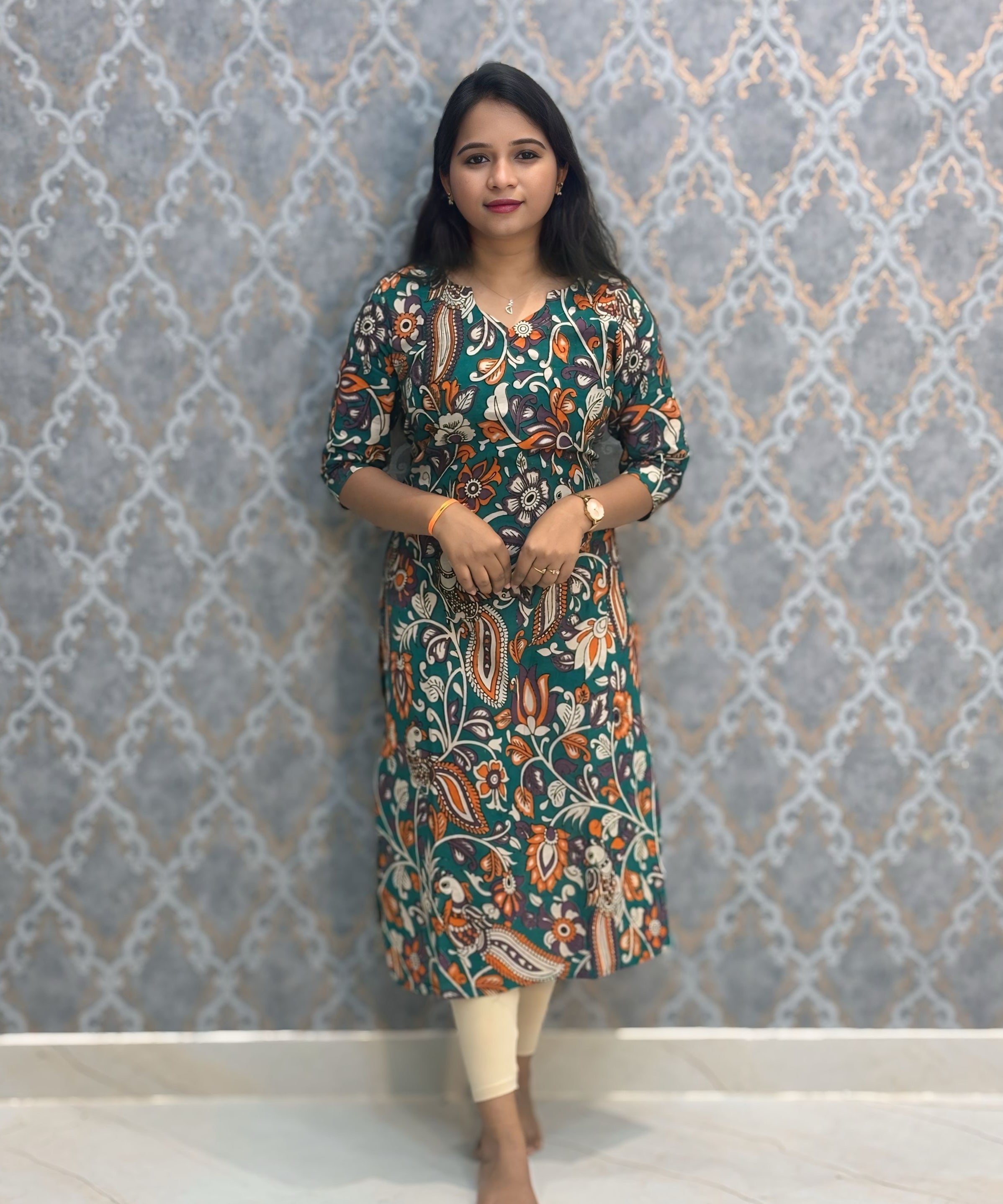 Rama Green and Beige Color Premium Kalamkari Cotton Kurti / RS002