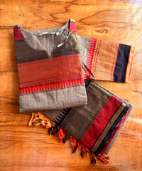 Coffee Brown with Maroon and Black Color Premium Kanchi Cotton 2 Piece Kurti and Dupatta / LSS198
