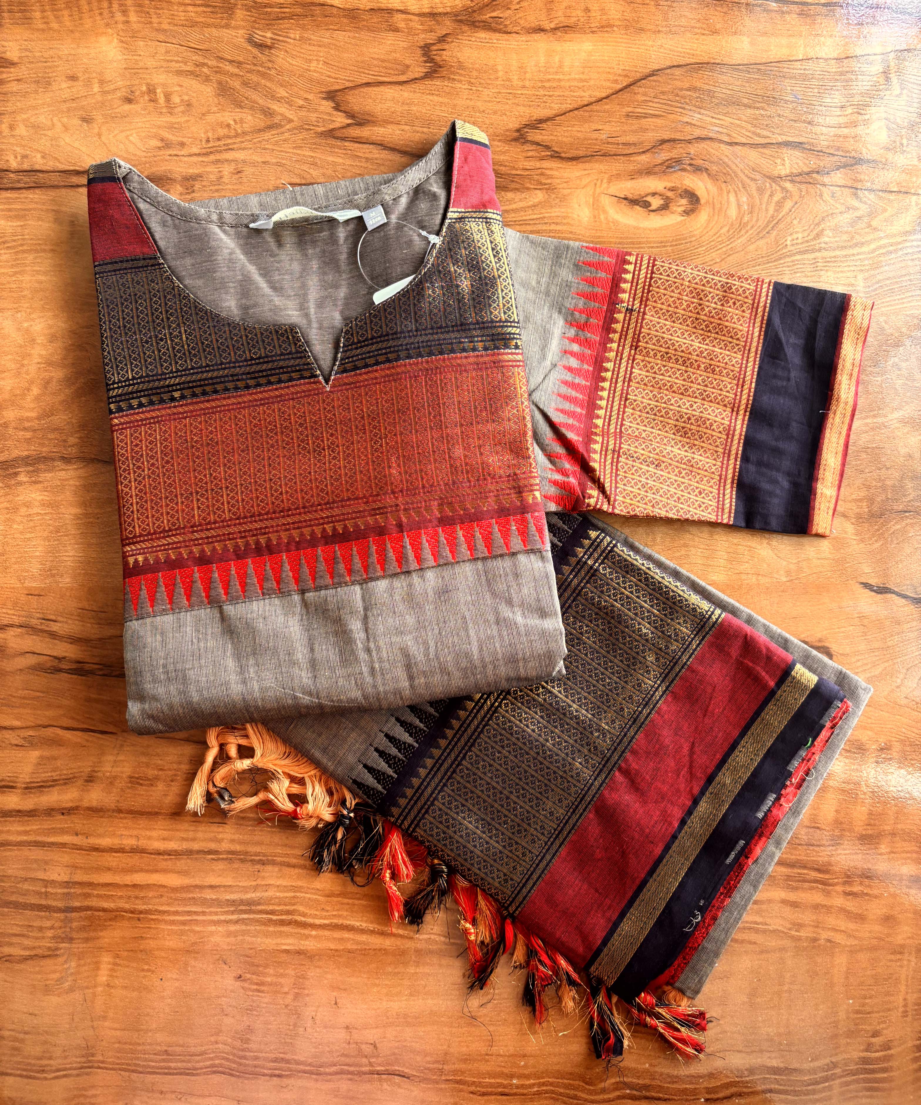 Coffee Brown with Maroon and Black Color Premium Kanchi Cotton 2 Piece Kurti and Dupatta / LSS198