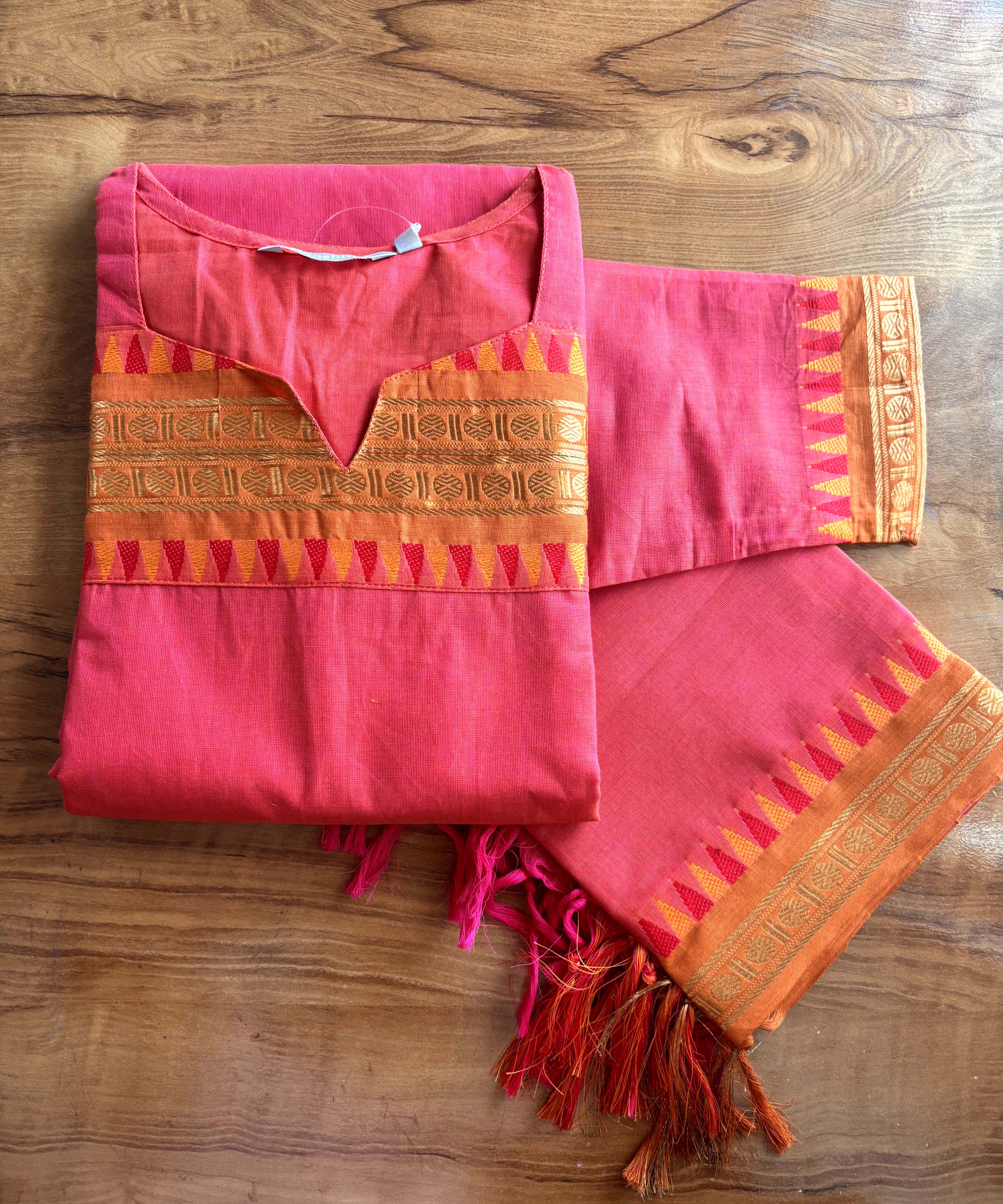 Orange and Pink Color Premium Kanchi Cotton 2 Piece Kurti and Dupatta / LSS198