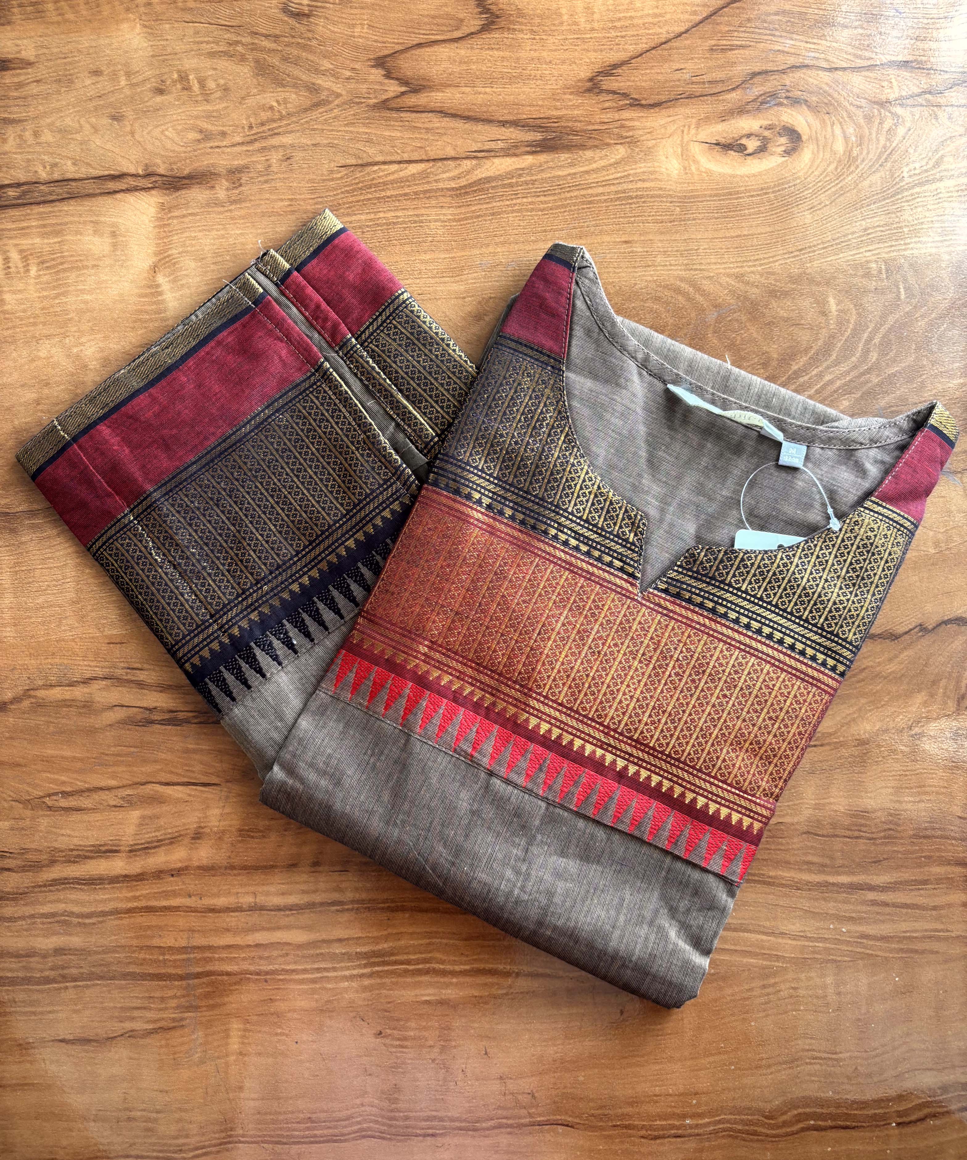 Coffee Brown with Maroon and Black Color Premium Kanchi Cotton 2 Piece Kurti and Dupatta / LSS198