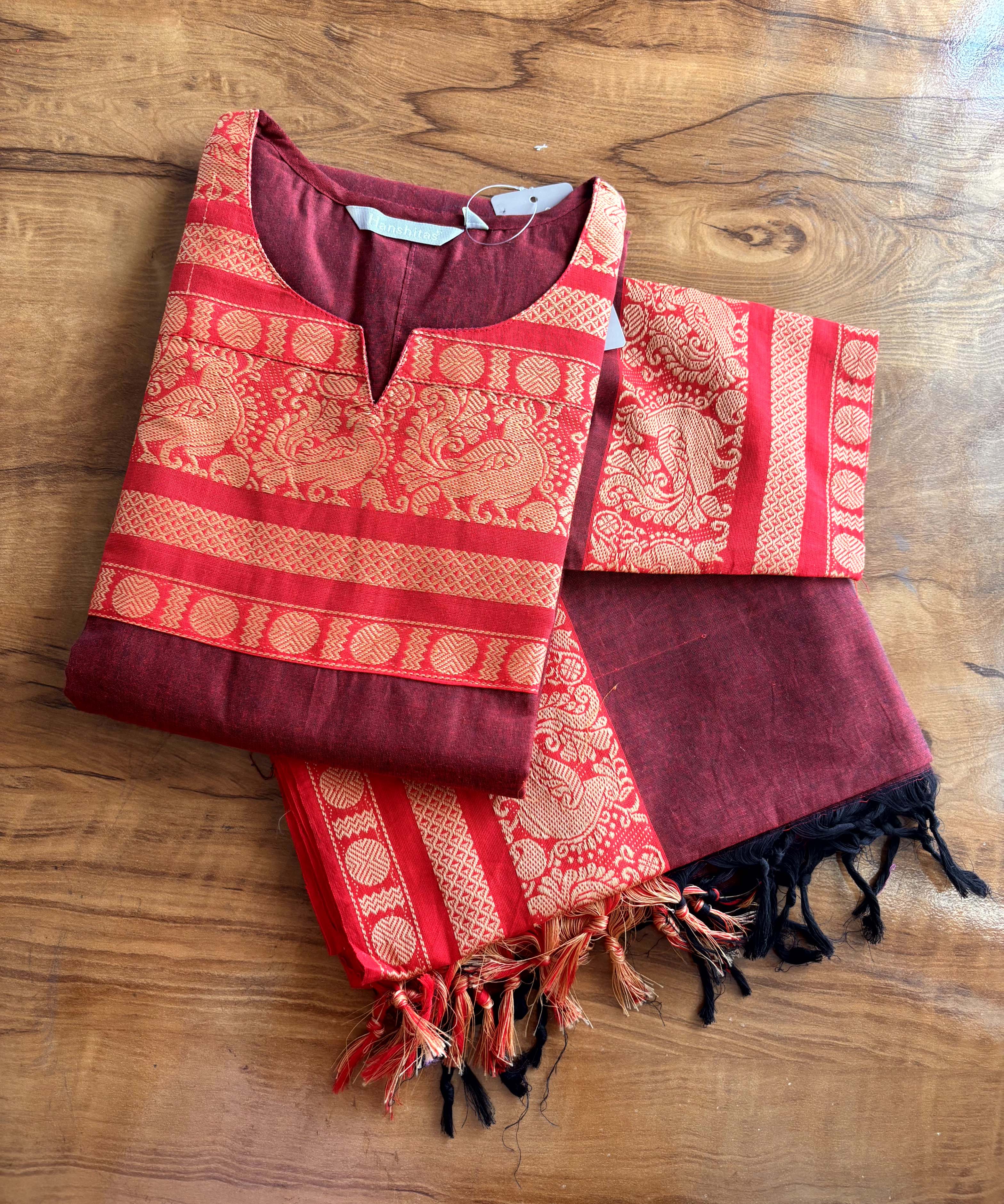 Maroon and Red Color Premium Kanchi Cotton 2 Piece Kurti and Dupatta / LSS198