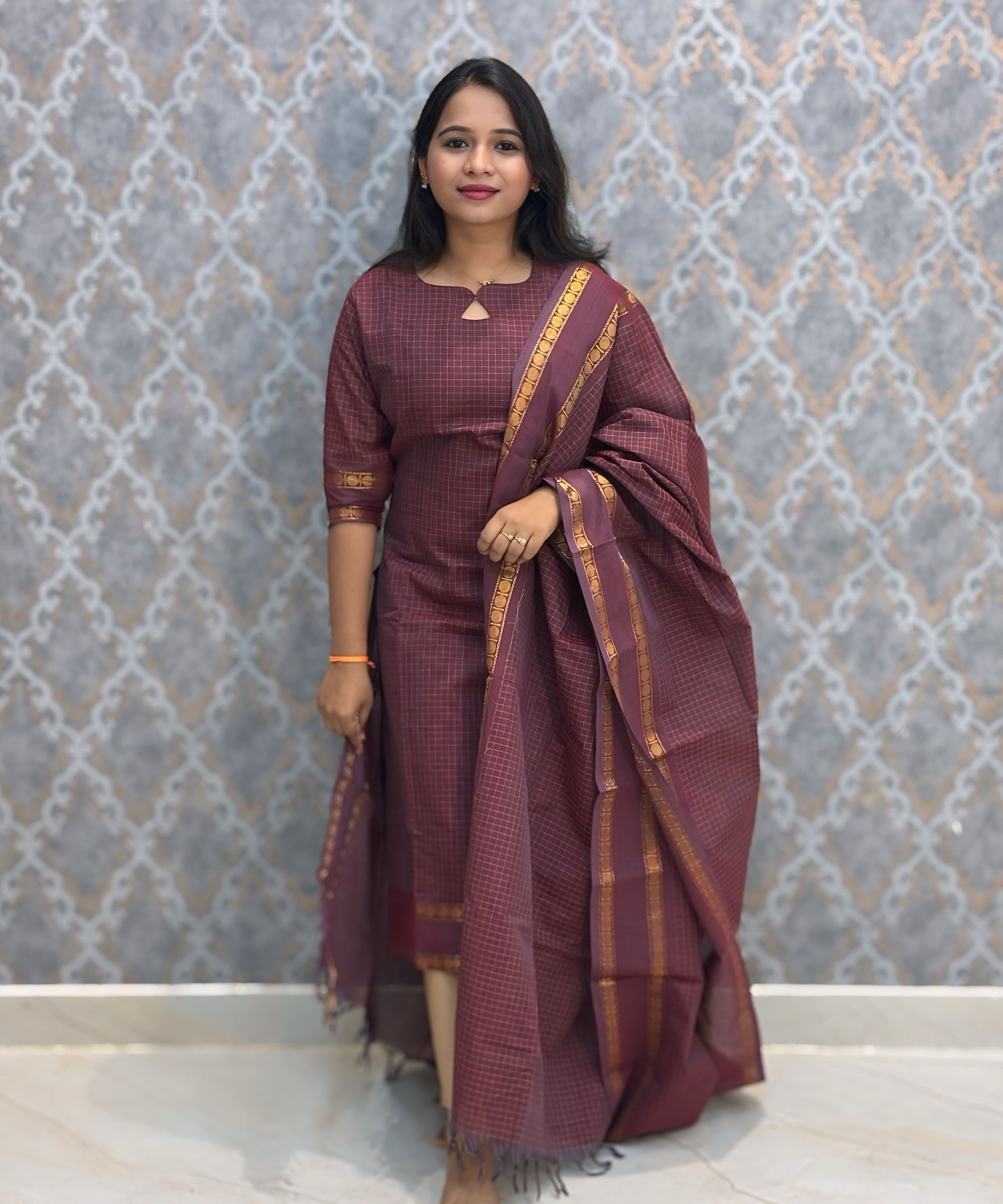 Maroon Color Premium Kandangi Checks Kanchi Cotton Kurti and Dupatta / LSS213