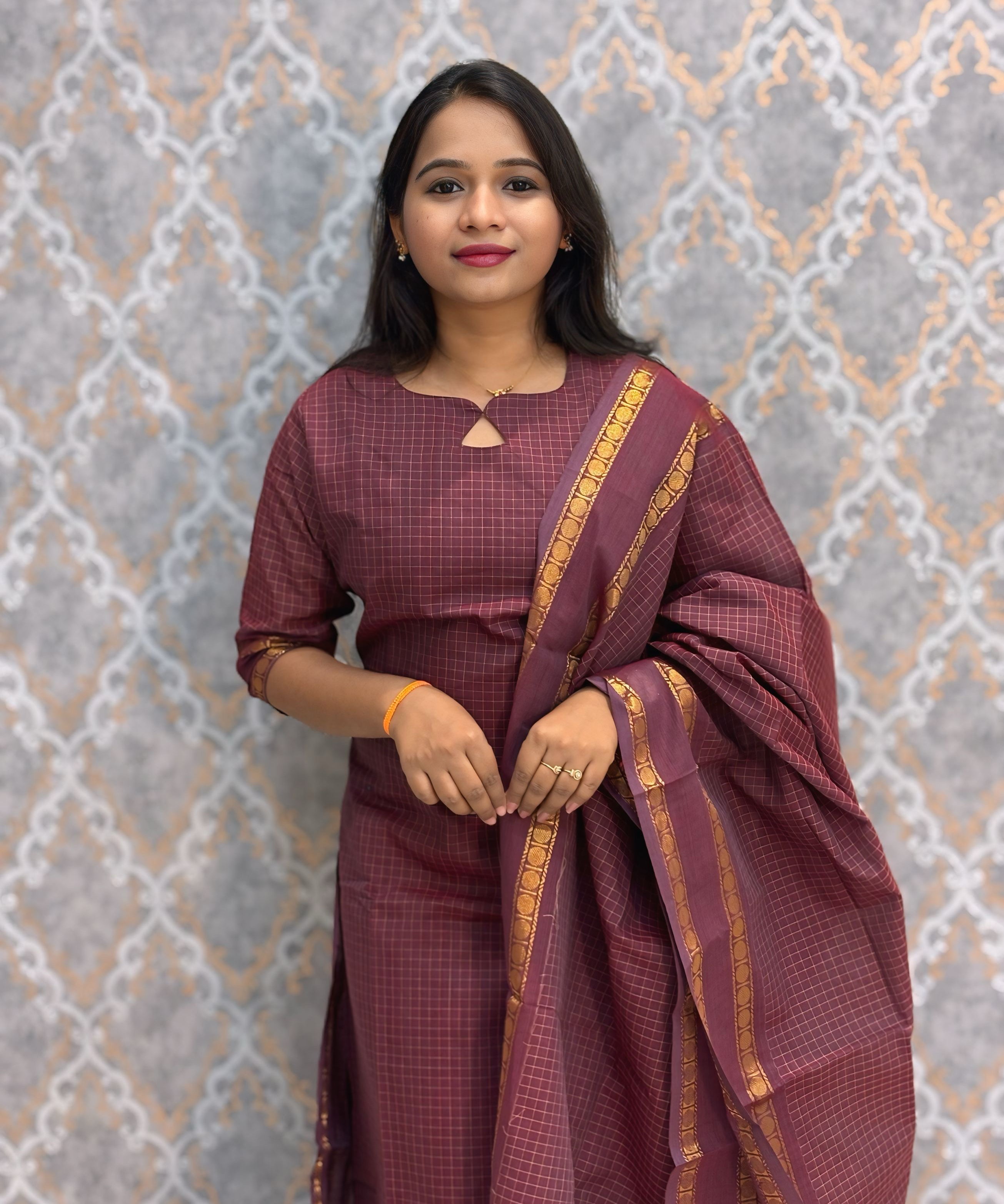 Maroon Color Premium Kandangi Checks Kanchi Cotton Kurti and Dupatta / LSS213