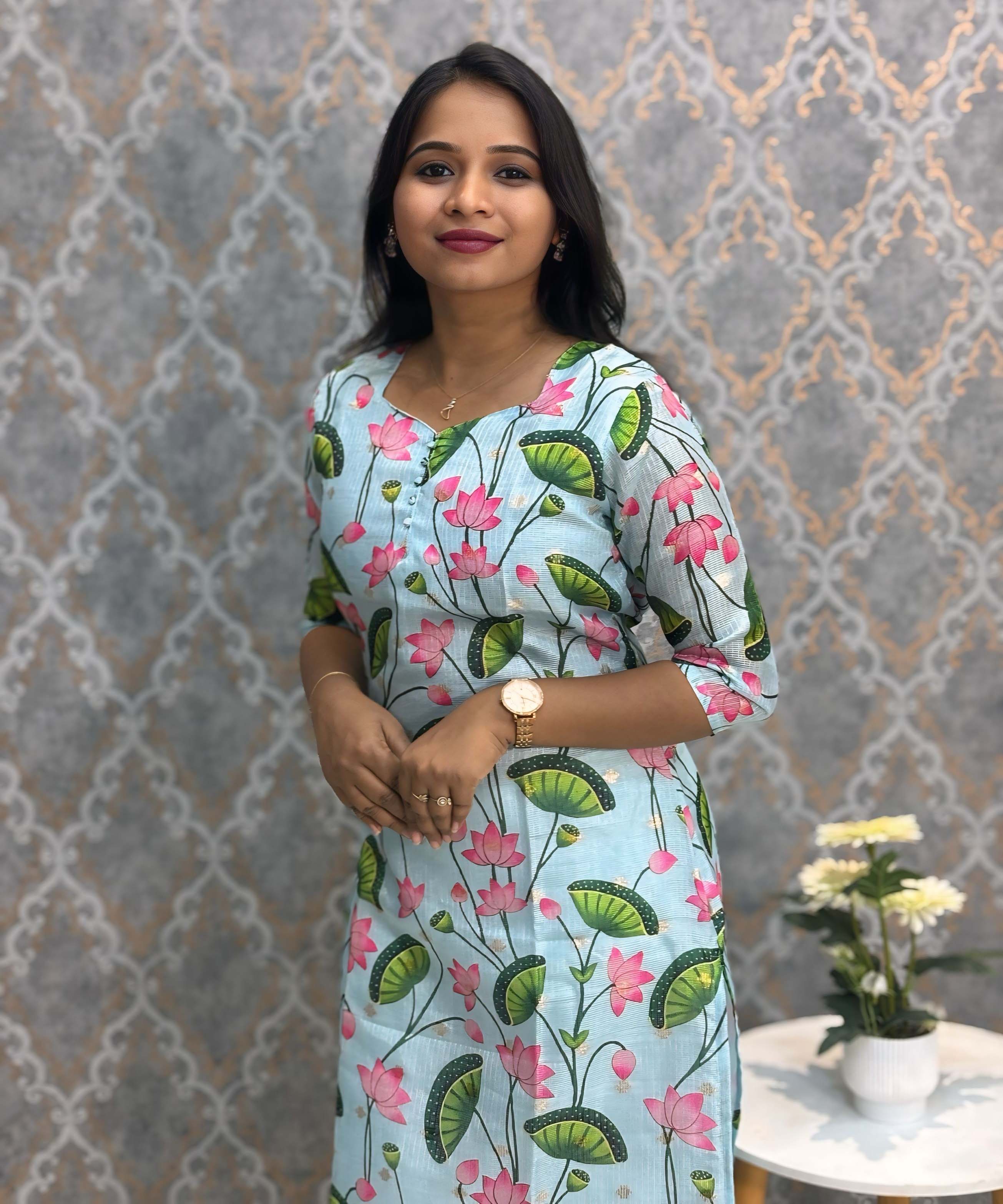 Sea Green Color V Neck Lotus Design Premium Kota Cotton Kurti with Lining / LSS195