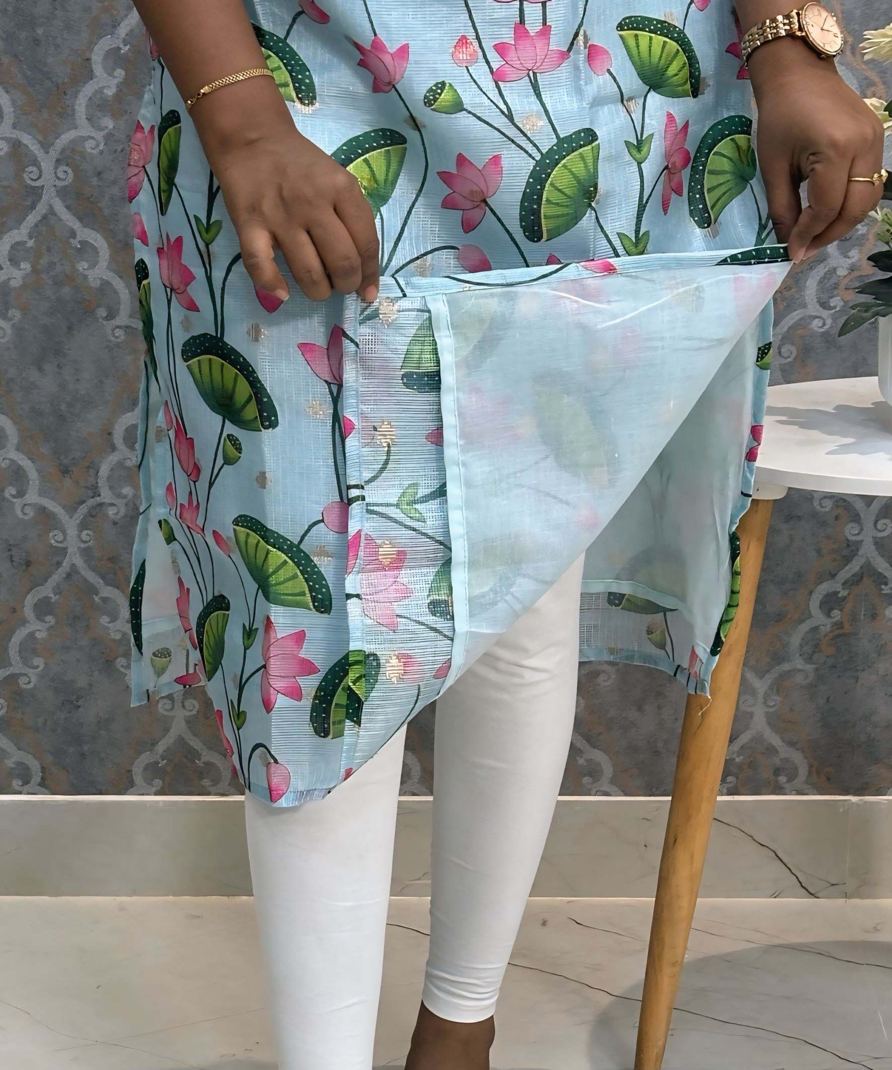 Sea Green Color V Neck Lotus Design Premium Kota Cotton Kurti with Lining / LSS195