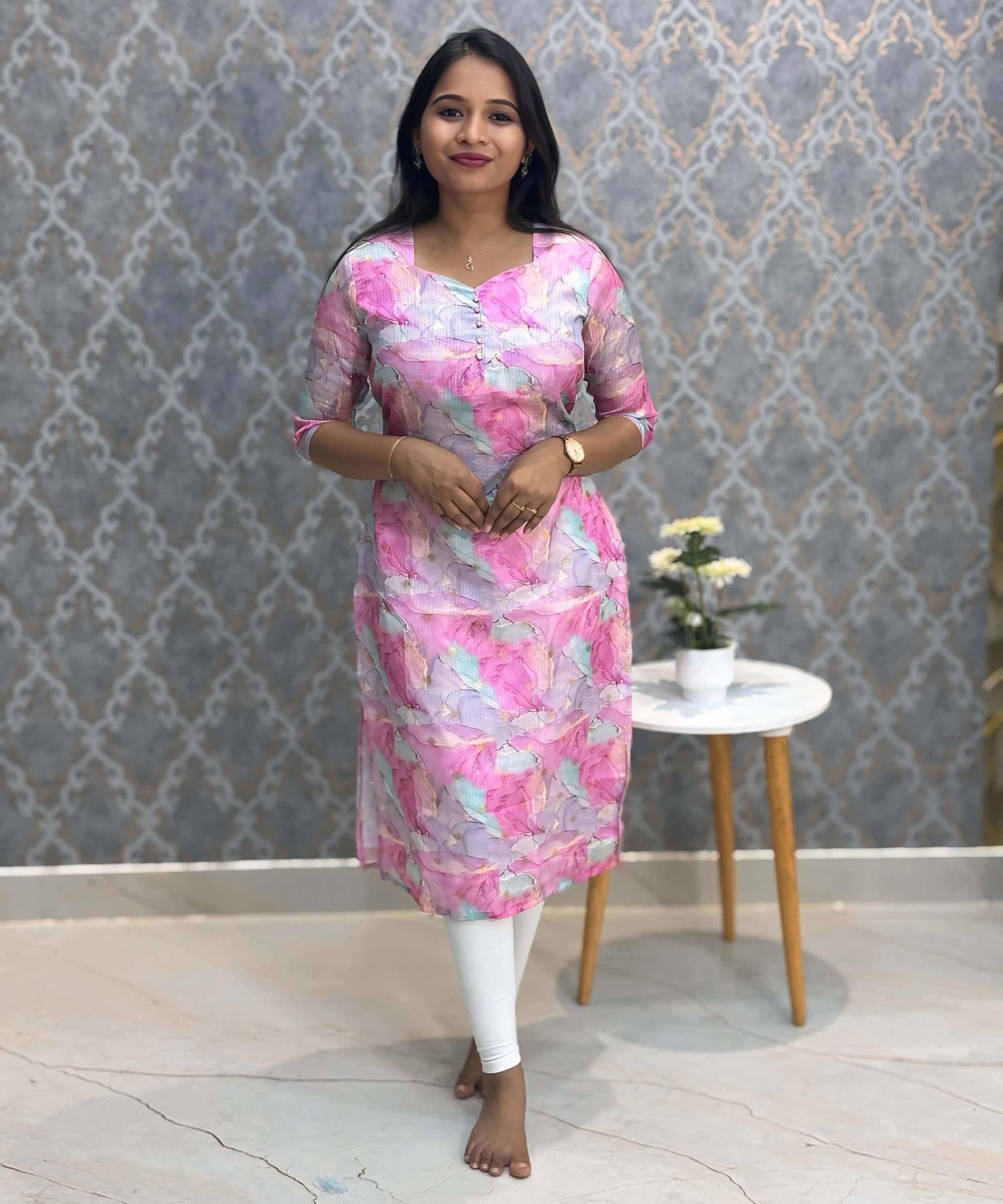 Purple and Pink Color Boat Neck Design Premium Kota Cotton Kurti with Lining / LSS195