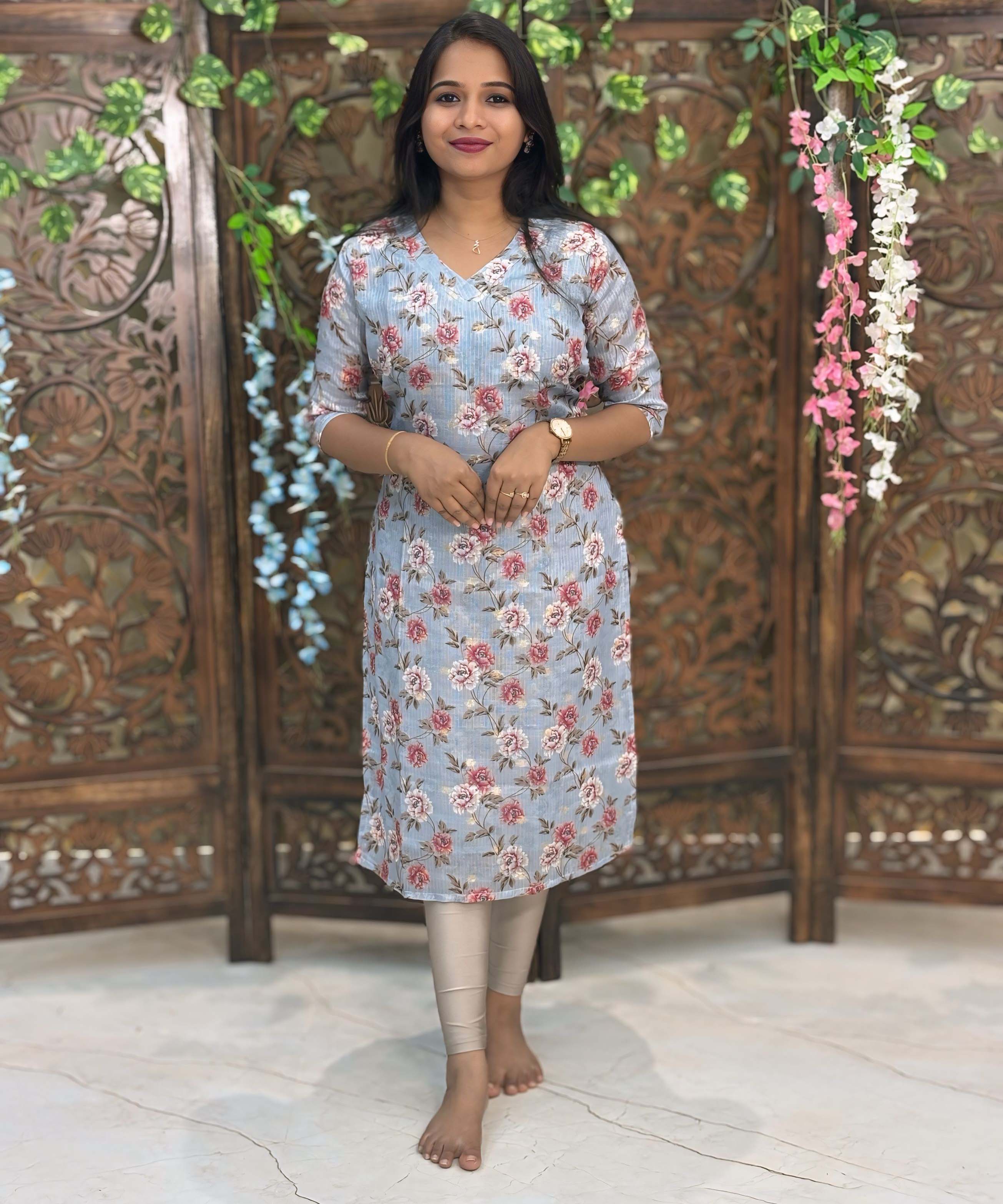 Gray Color V Neck Floral Design Premium Kota Cotton Kurti with Lining / LSS195