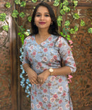 Gray Color V Neck Floral Design Premium Kota Cotton Kurti with Lining / LSS195