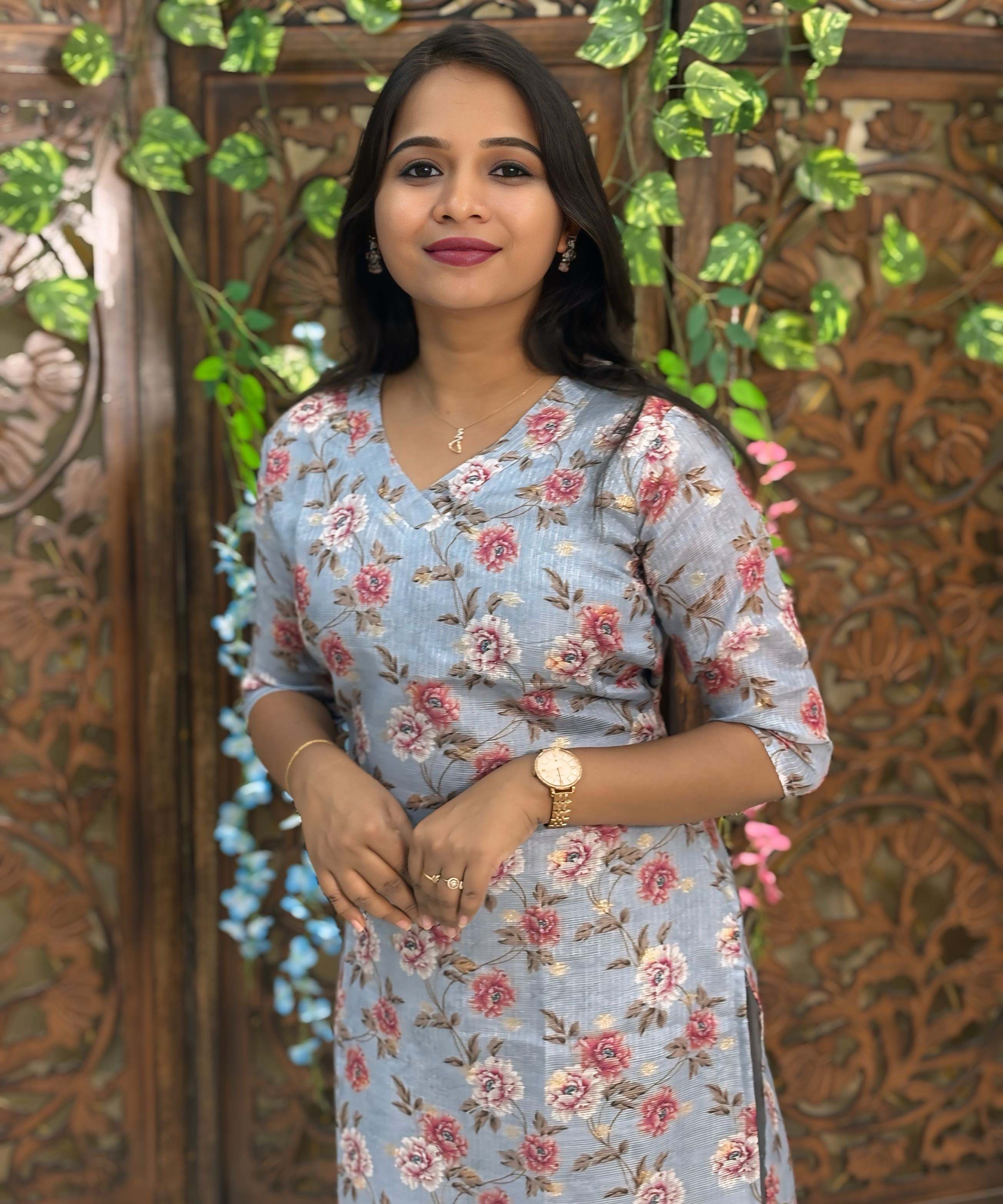 Gray Color V Neck Floral Design Premium Kota Cotton Kurti with Lining / LSS195