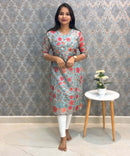 Rama Green Color V Neck Floral Design Premium Kota Cotton Kurti with Lining / LSS195