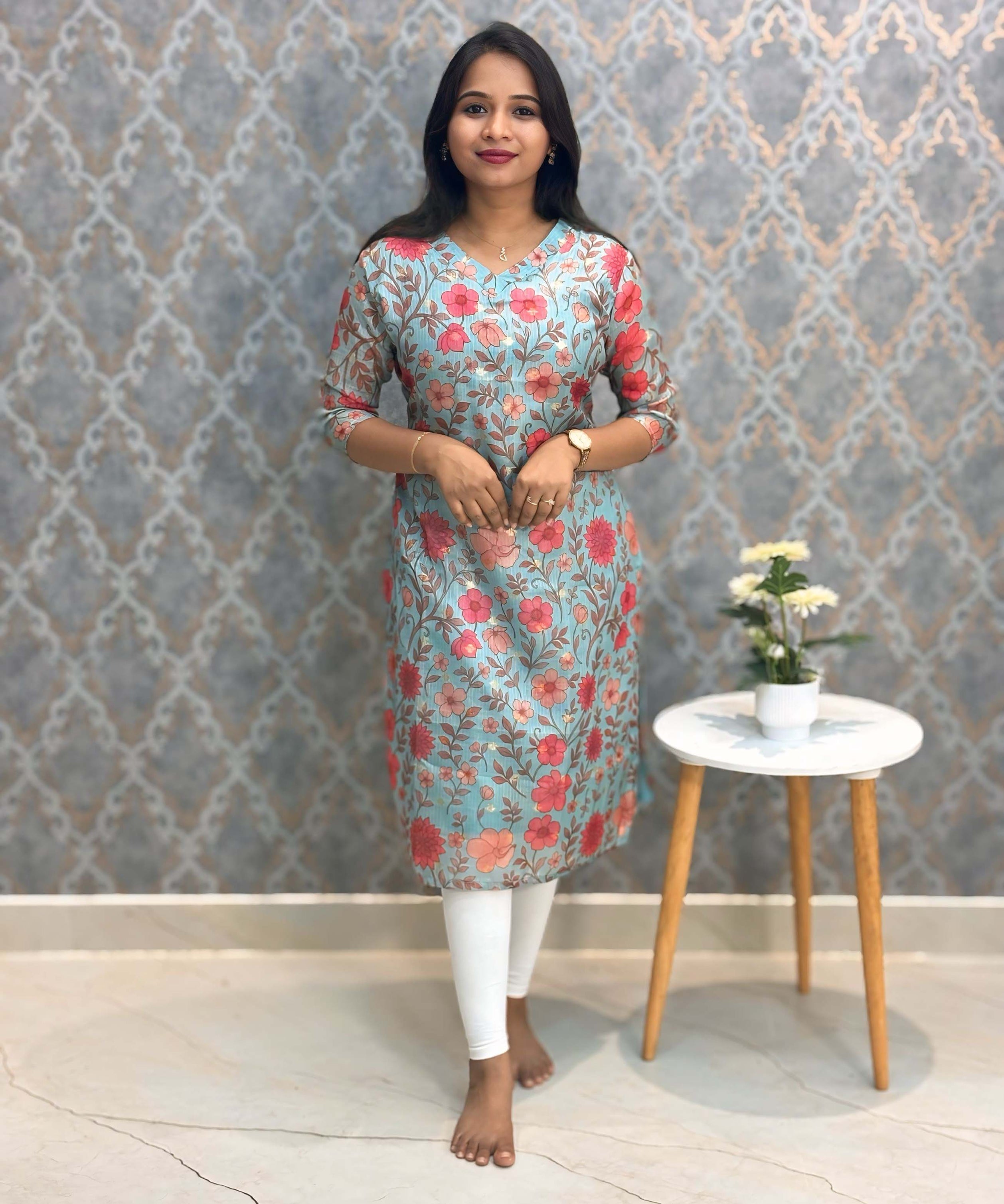 Rama Green Color V Neck Floral Design Premium Kota Cotton Kurti with Lining / LSS195