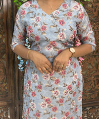 Gray Color V Neck Floral Design Premium Kota Cotton Kurti with Lining / LSS195