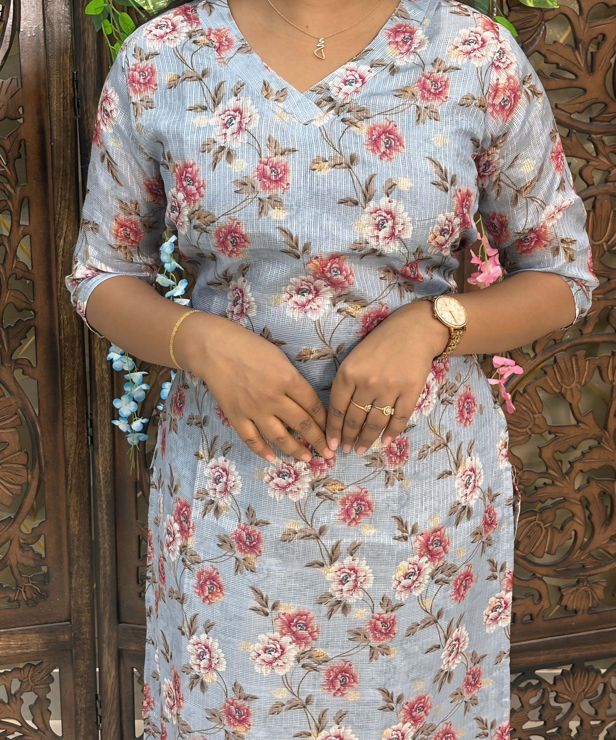Gray Color V Neck Floral Design Premium Kota Cotton Kurti with Lining / LSS195