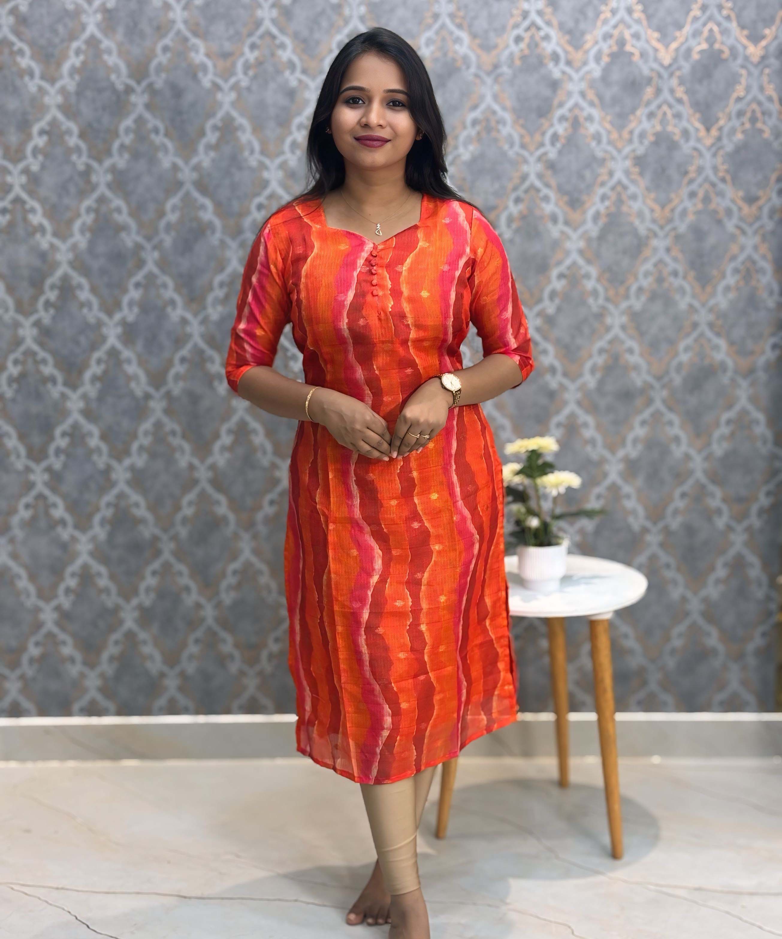 Dark Orange Color Sweet Heart Neck Premium Kota Cotton Kurti with Lining / LSS195