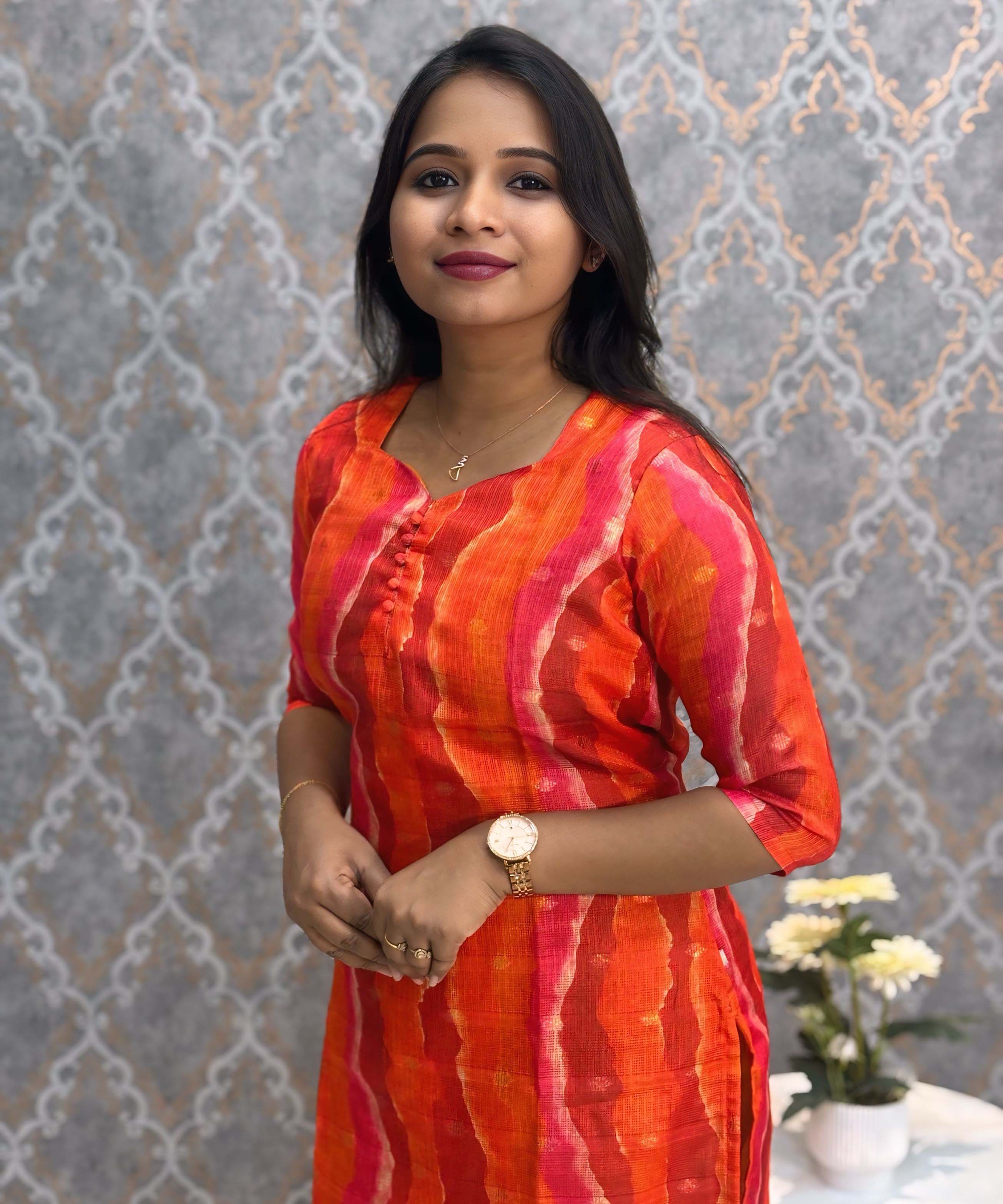 Dark Orange Color Sweet Heart Neck Premium Kota Cotton Kurti with Lining / LSS195