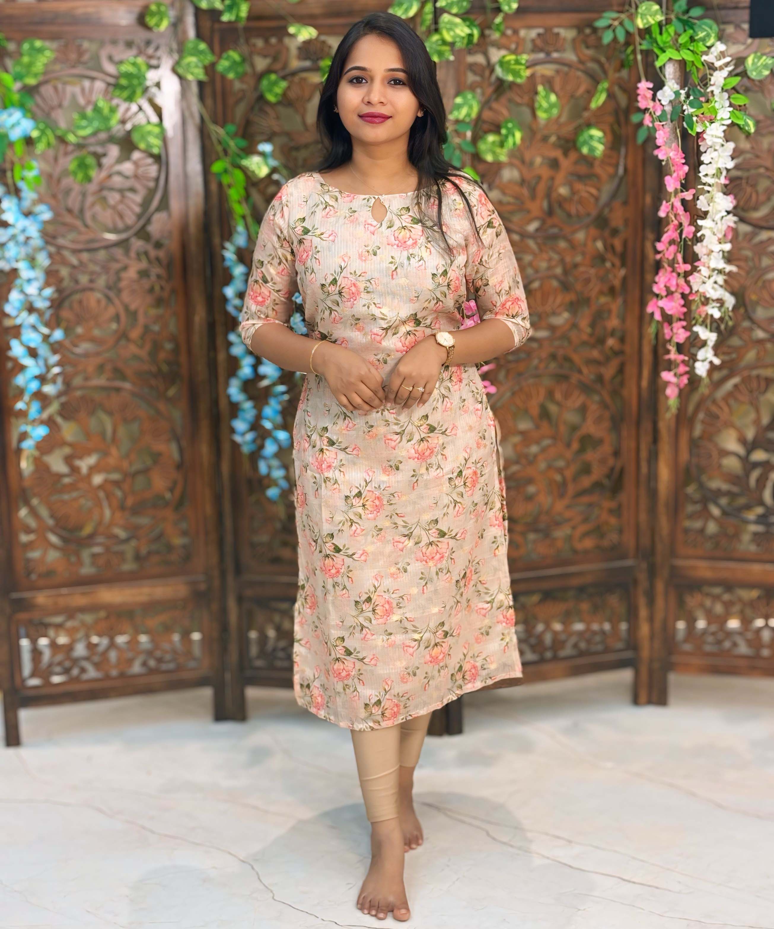 Gloden Color Boat Neck Floral Design Premium Kota Cotton Kurti with Lining / LSS195