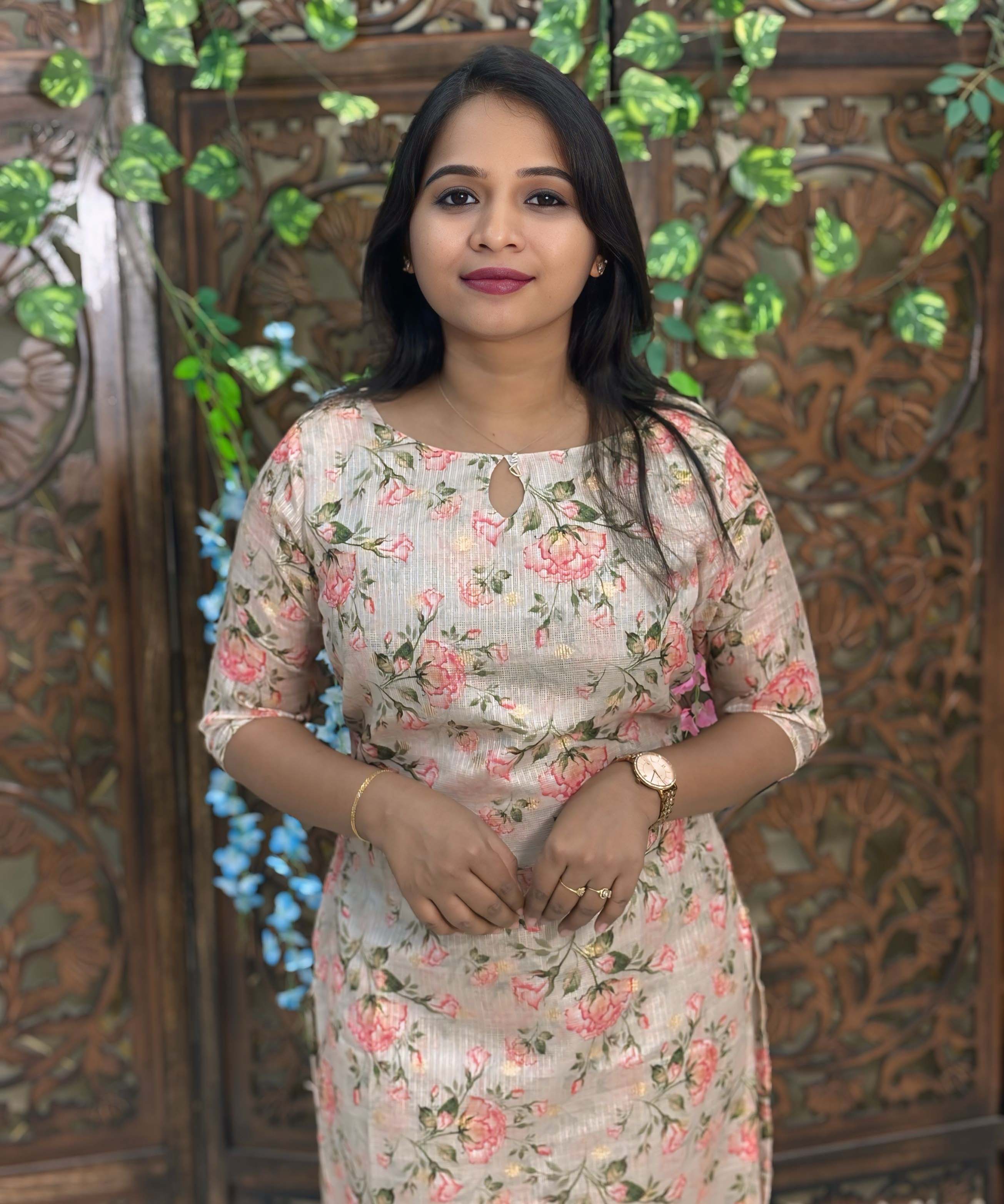 Gloden Color Boat Neck Floral Design Premium Kota Cotton Kurti with Lining / LSS195