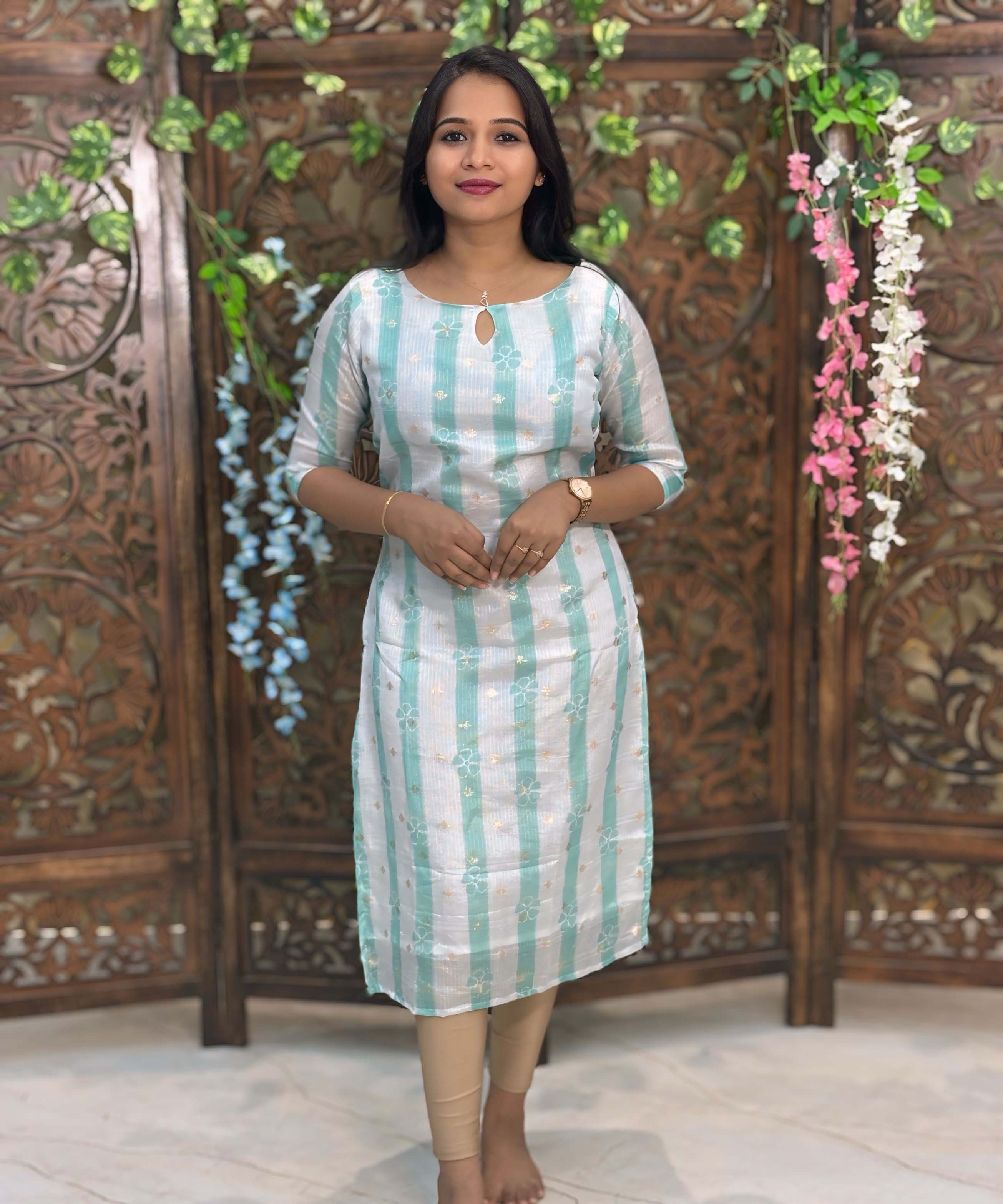 Rama Green and White Color Boat Neck Premium Kota Cotton Kurti with Lining / LSS195
