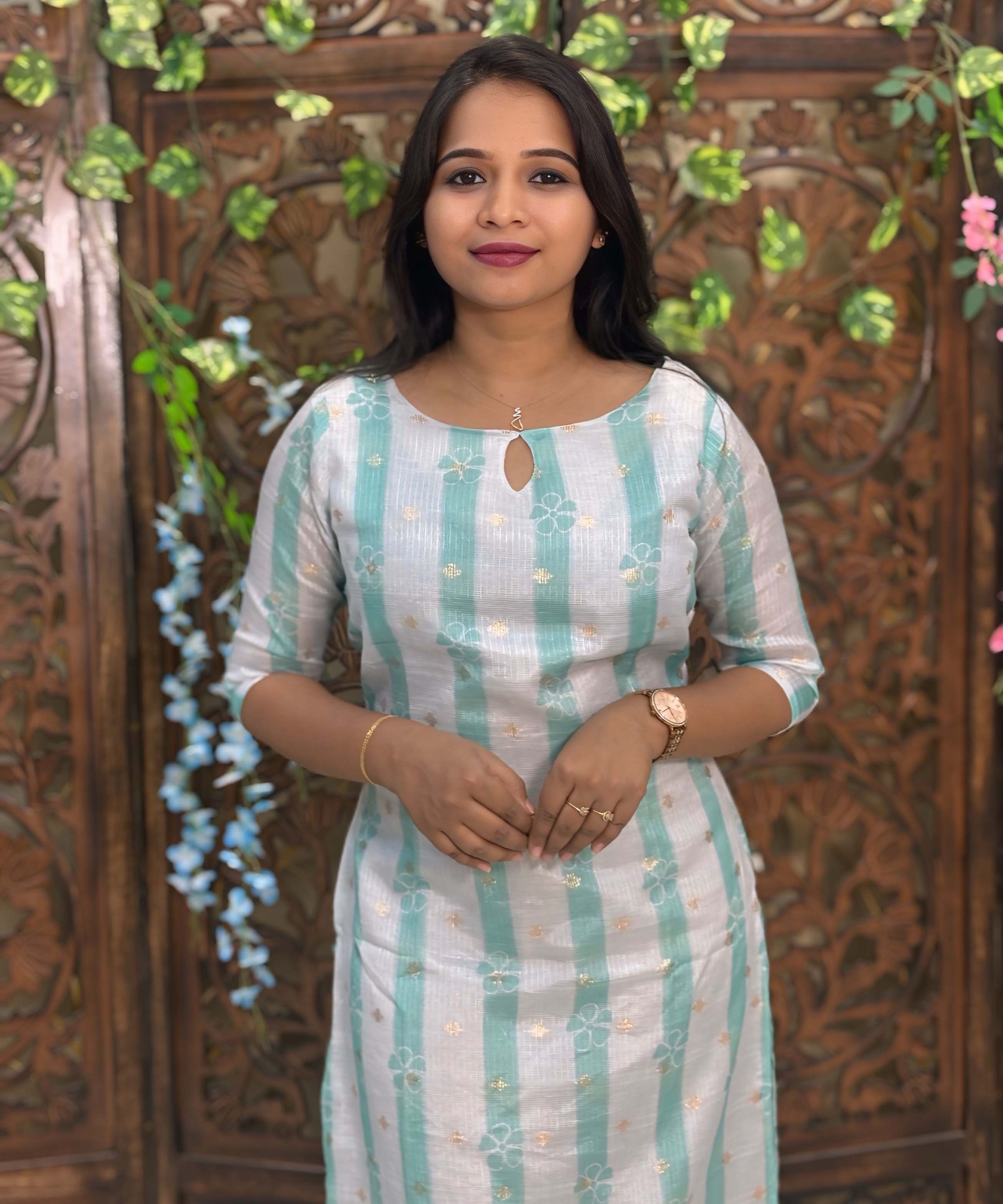 Rama Green and White Color Boat Neck Premium Kota Cotton Kurti with Lining / LSS195