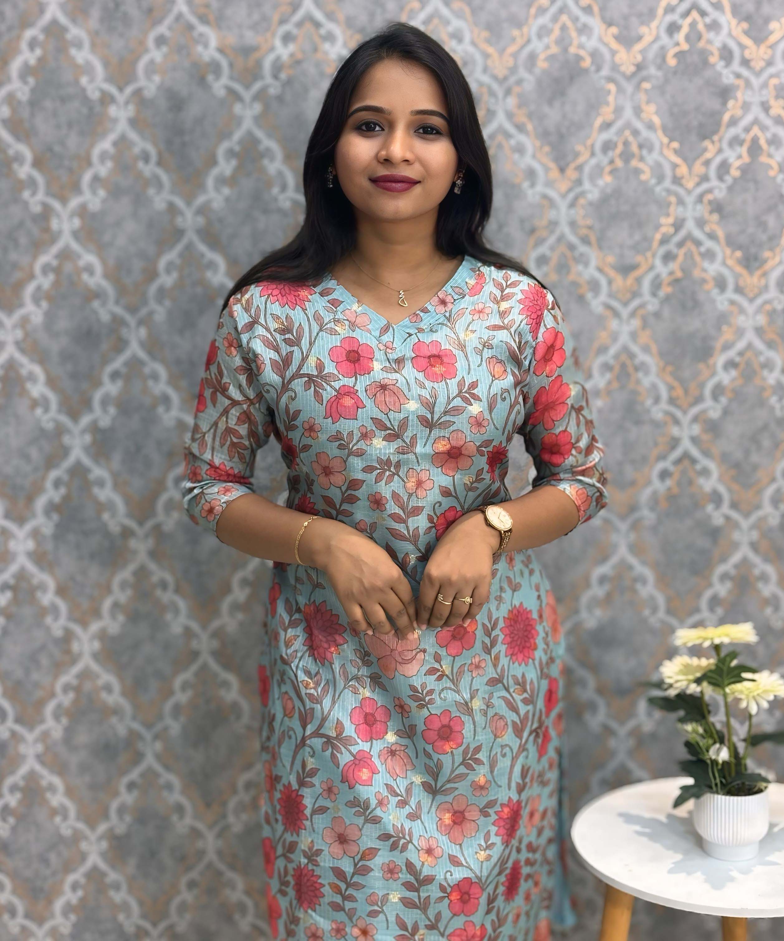 Rama Green Color V Neck Floral Design Premium Kota Cotton Kurti with Lining / LSS195