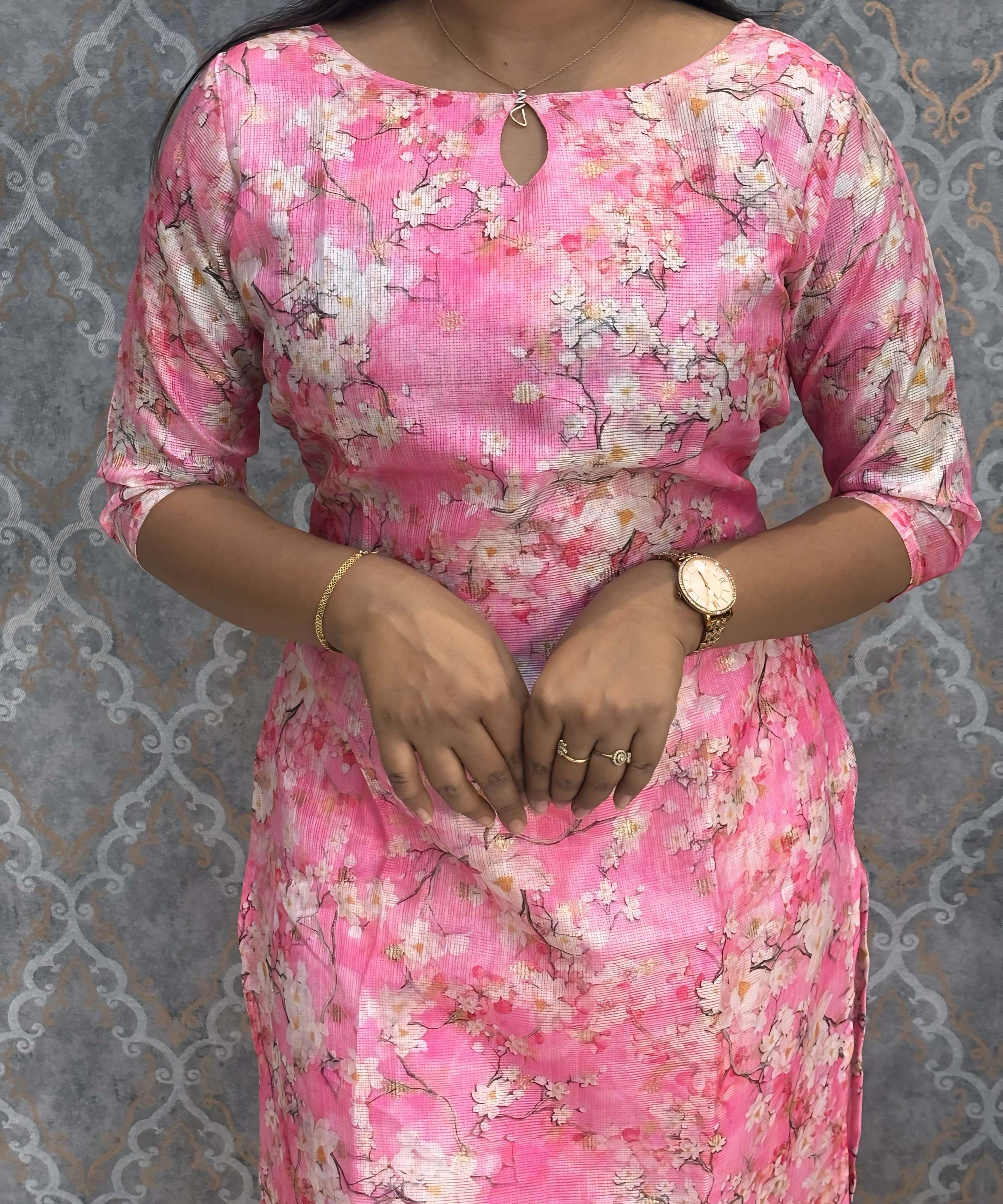 Pink Color Boat Neck Floral Design Premium Kota Cotton Kurti with Lining / LSS195