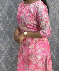 Pink Color Boat Neck Floral Design Premium Kota Cotton Kurti with Lining / LSS195
