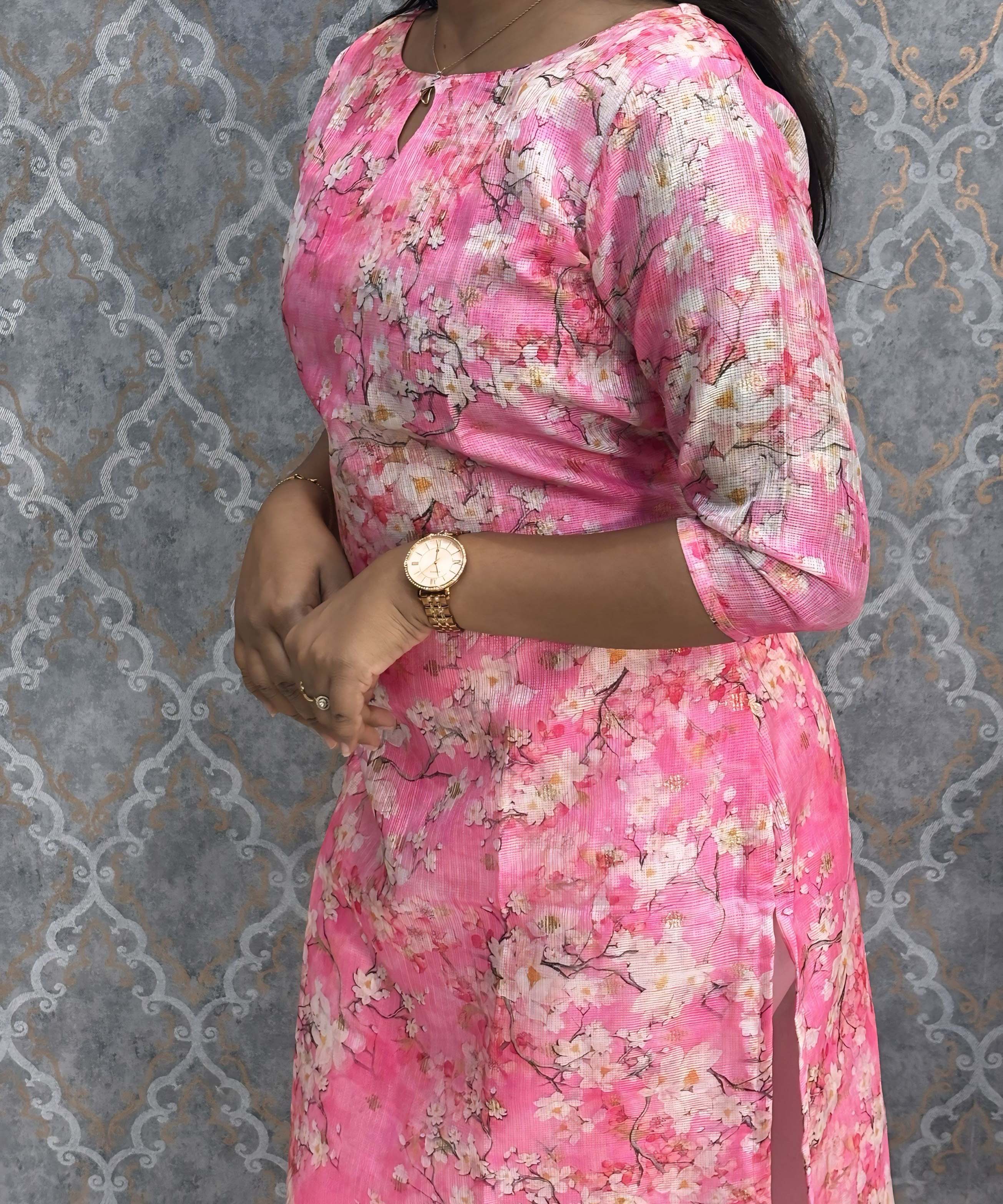 Pink Color Boat Neck Floral Design Premium Kota Cotton Kurti with Lining / LSS195