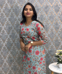 Rama Green Color V Neck Floral Design Premium Kota Cotton Kurti with Lining / LSS195