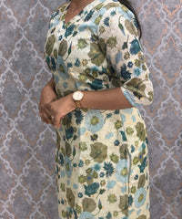 Lite Green Color V Neck Floral Premium Kota Cotton Kurti with Lining / LSS195