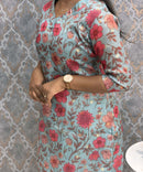 Rama Green Color V Neck Floral Design Premium Kota Cotton Kurti with Lining / LSS195