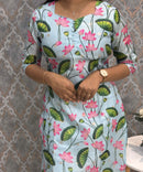 Sea Green Color V Neck Lotus Design Premium Kota Cotton Kurti with Lining / LSS195