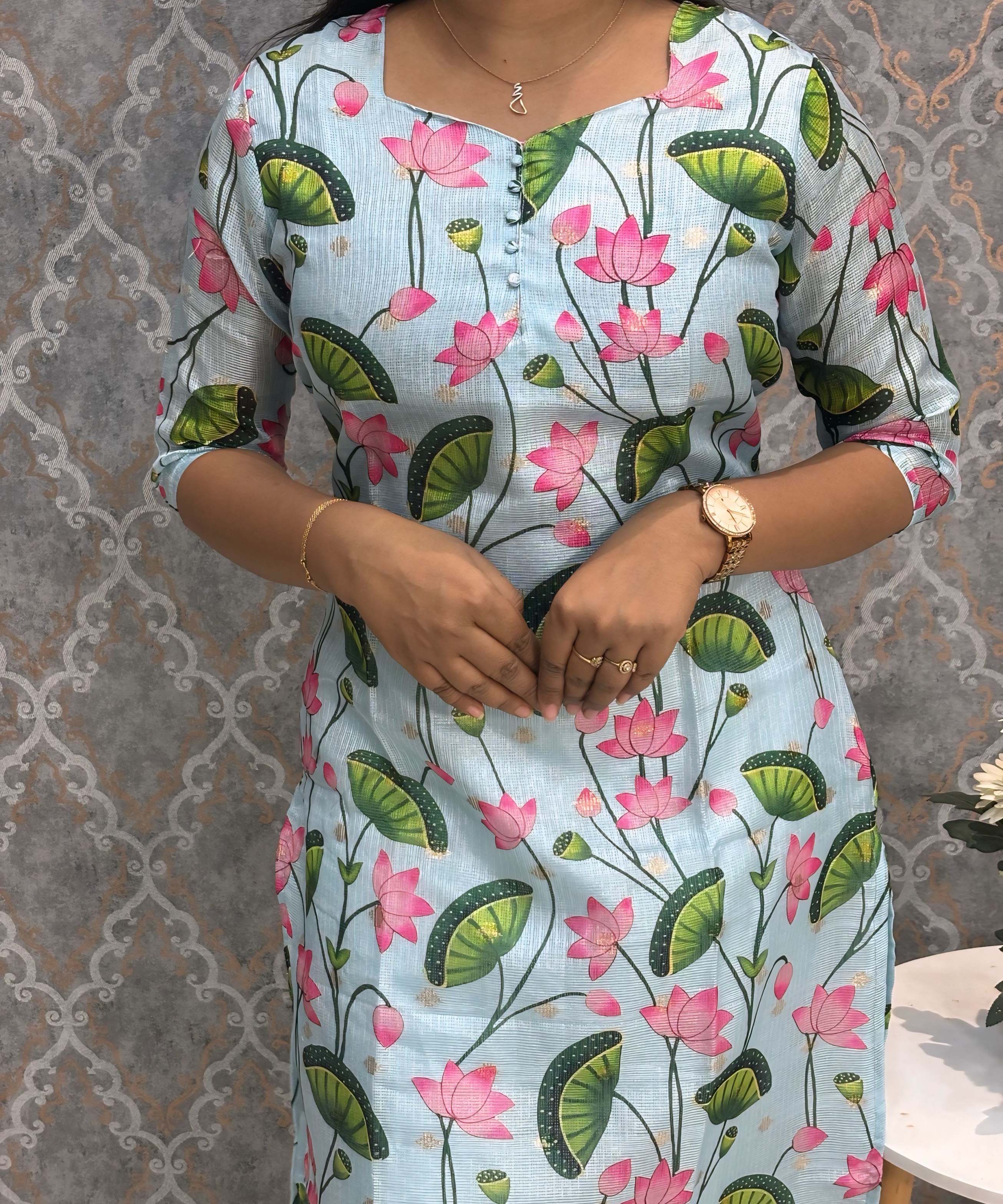 Sea Green Color V Neck Lotus Design Premium Kota Cotton Kurti with Lining / LSS195