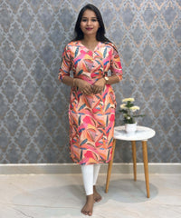 Orange and Multi Color V Neck Premium Kota Cotton Kurti with Lining / LSS195